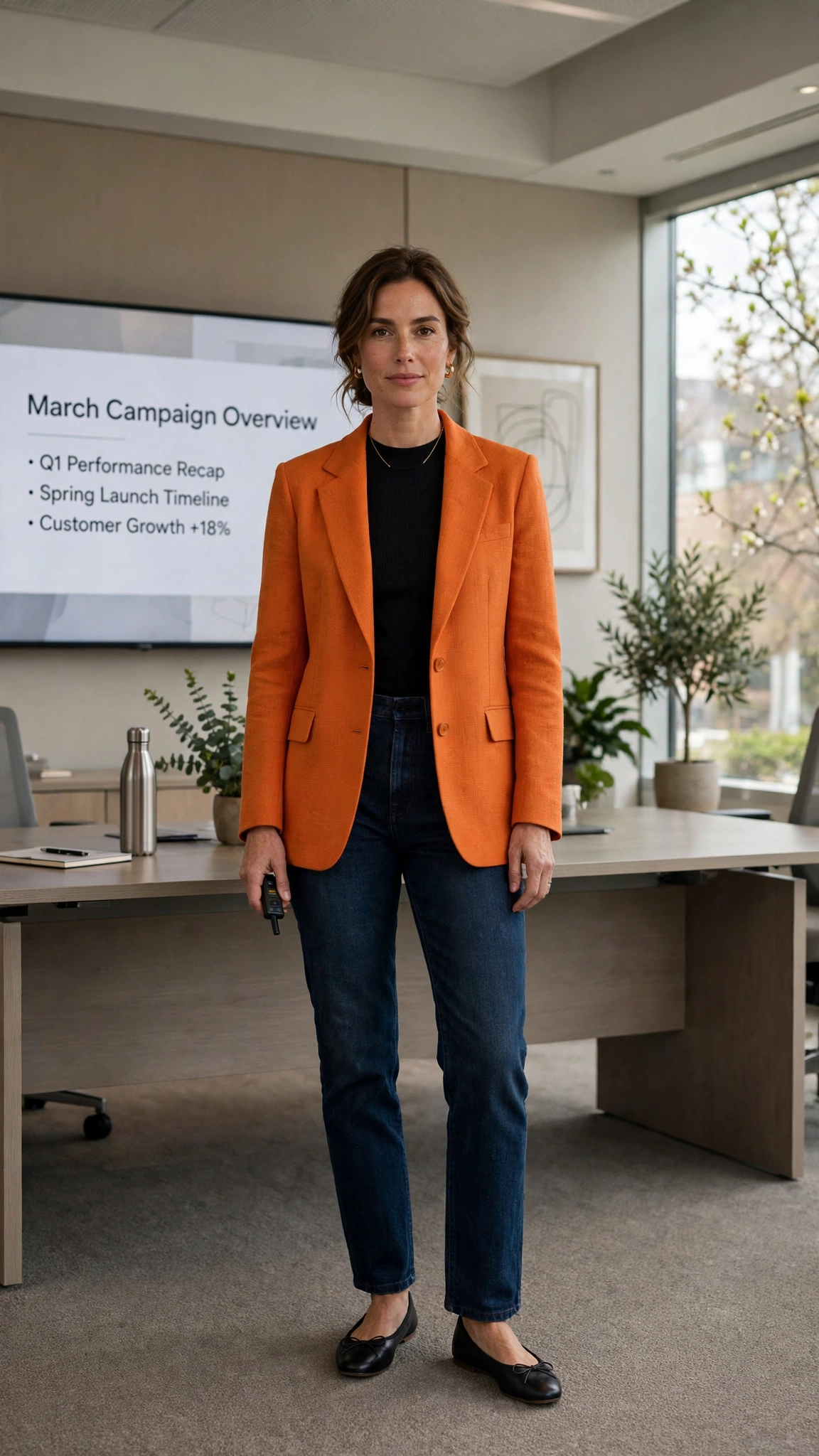 Pumpkin Orange Blazer Outfit with dark jeans and ballet flats