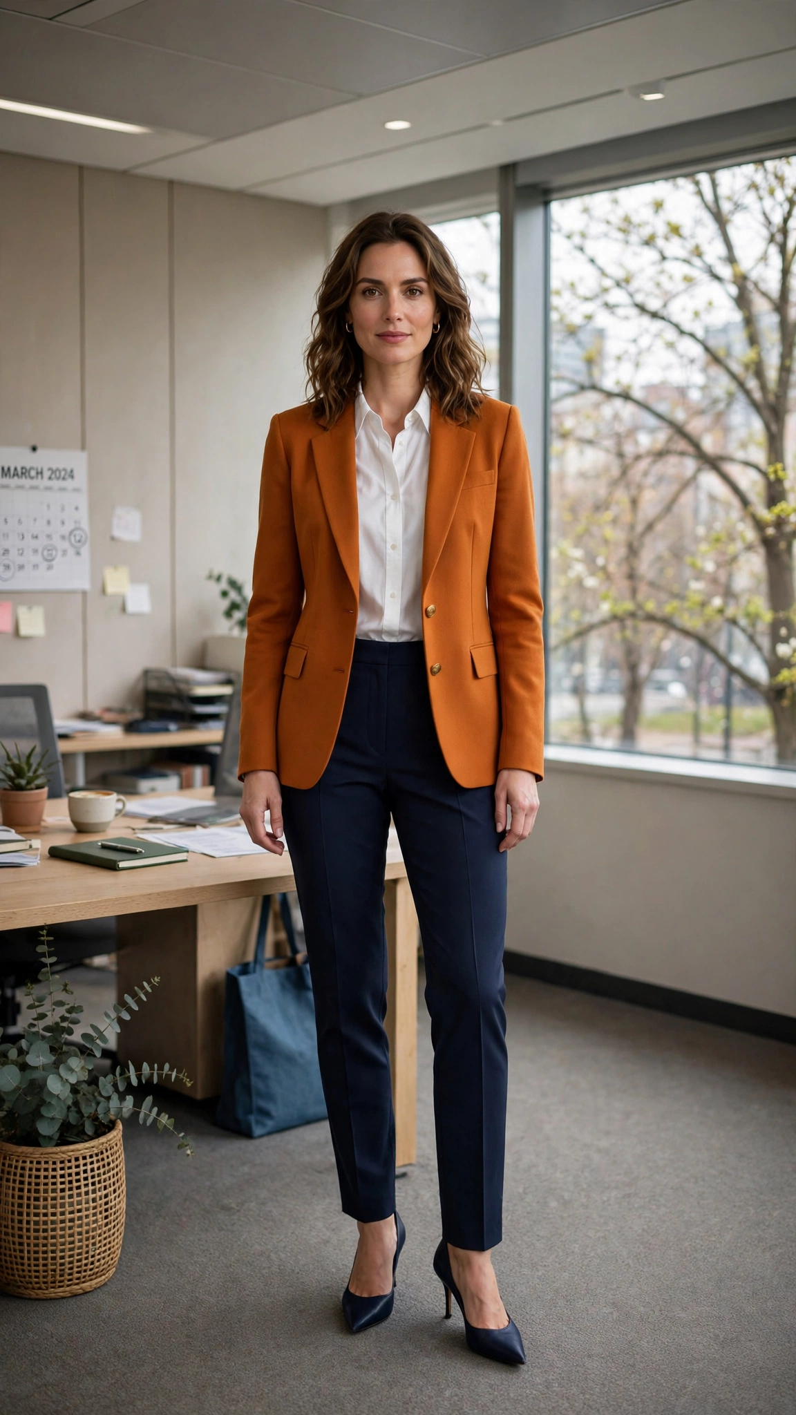 Amber Orange Blazer Outfit with navy tailored trousers and pointed pumps