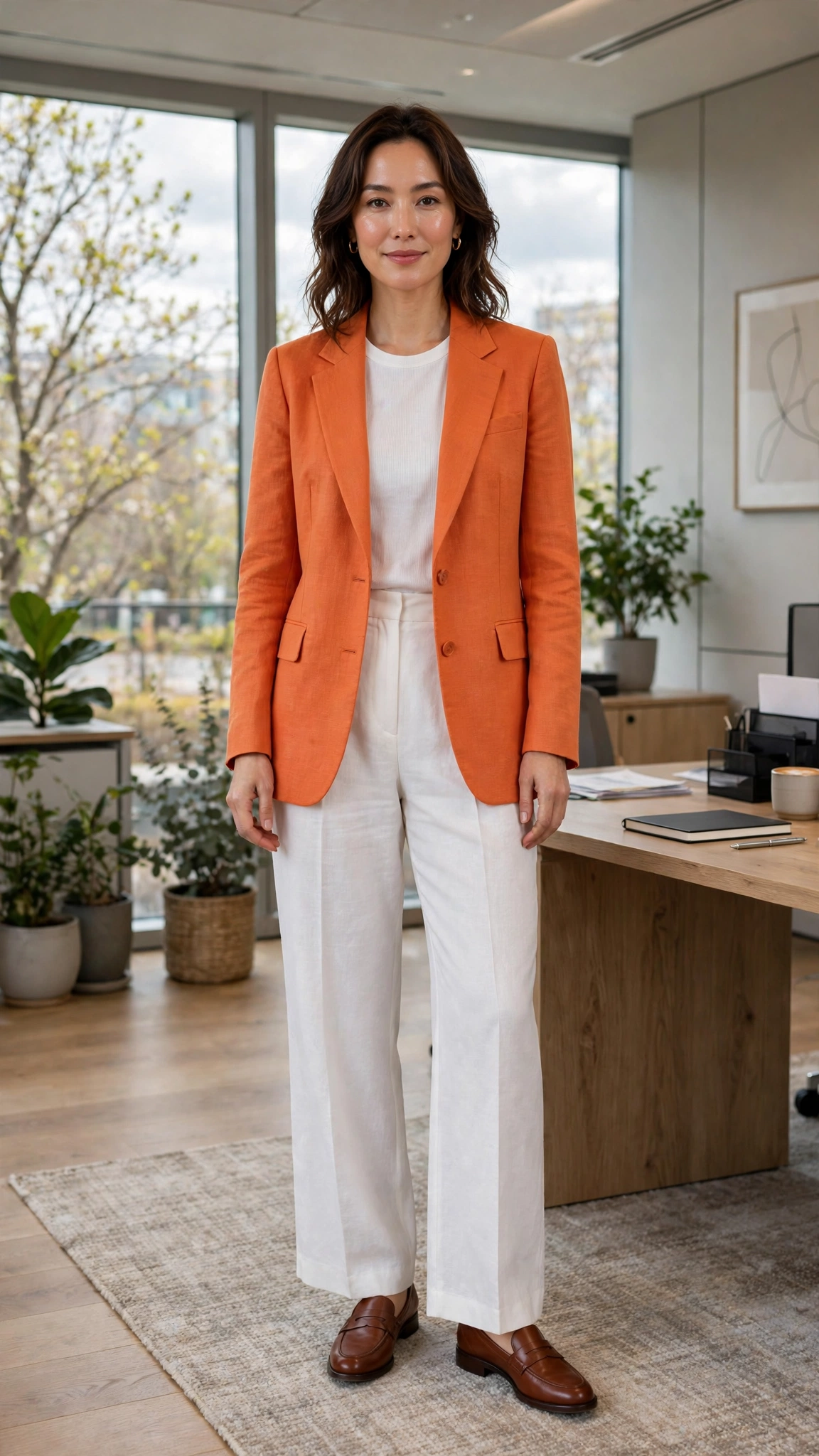 Papaya Orange Blazer Outfit with white wide-leg trousers and loafers