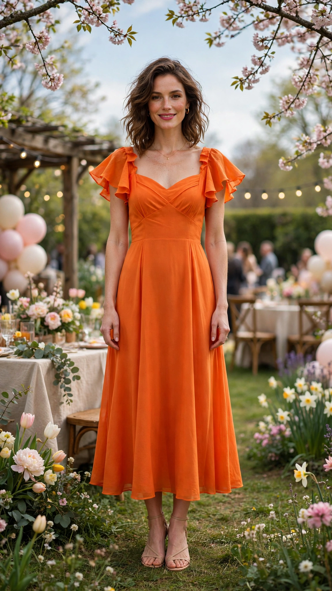 Flame Orange Orange Dress Outfit with a flutter-sleeve bodice and nude strappy sandals
