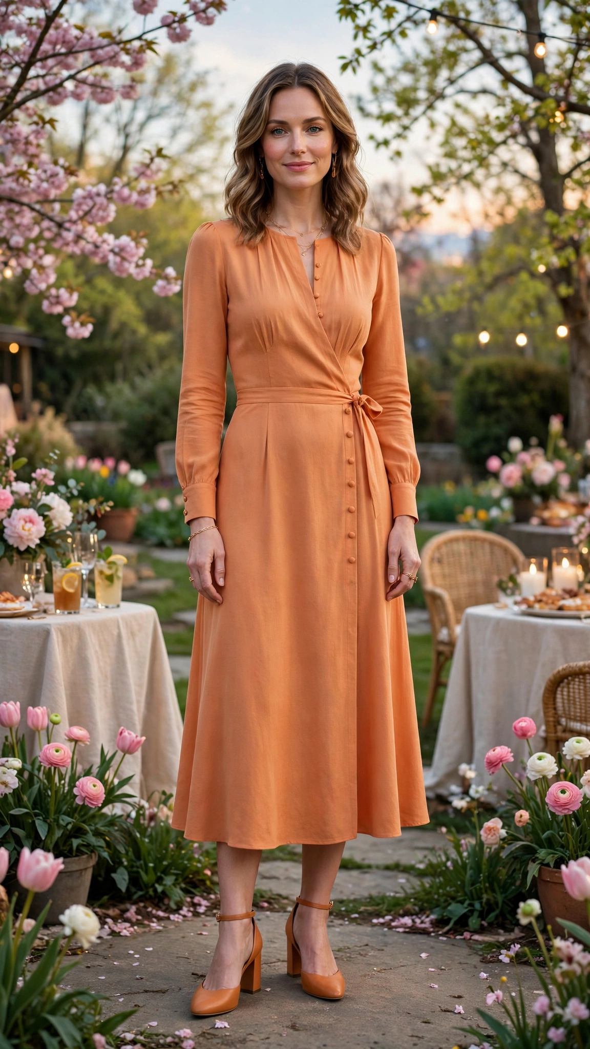 Apricot Orange Dress Outfit with a long-sleeve bodice and block heels