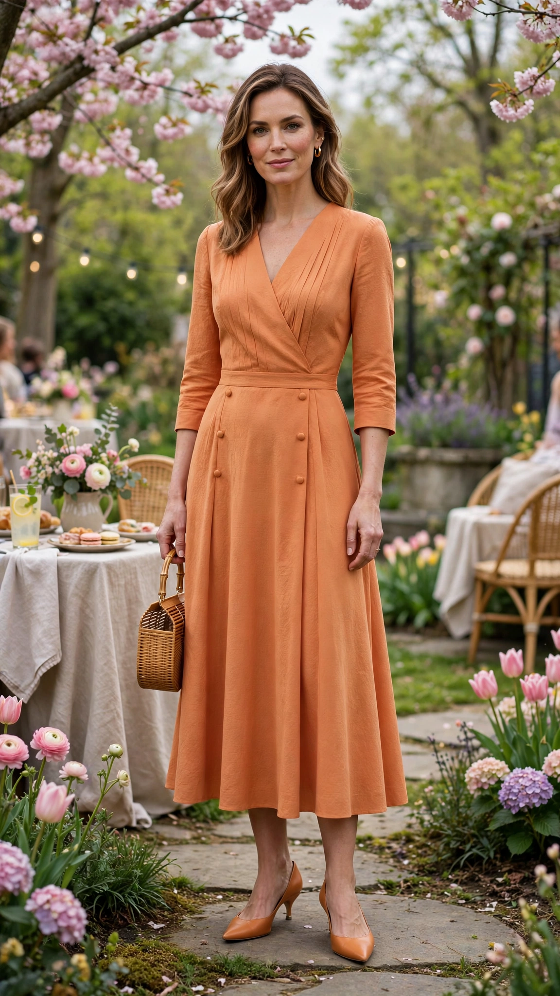 Apricot Orange Dress Outfit with a three-quarter sleeve bodice and kitten heels