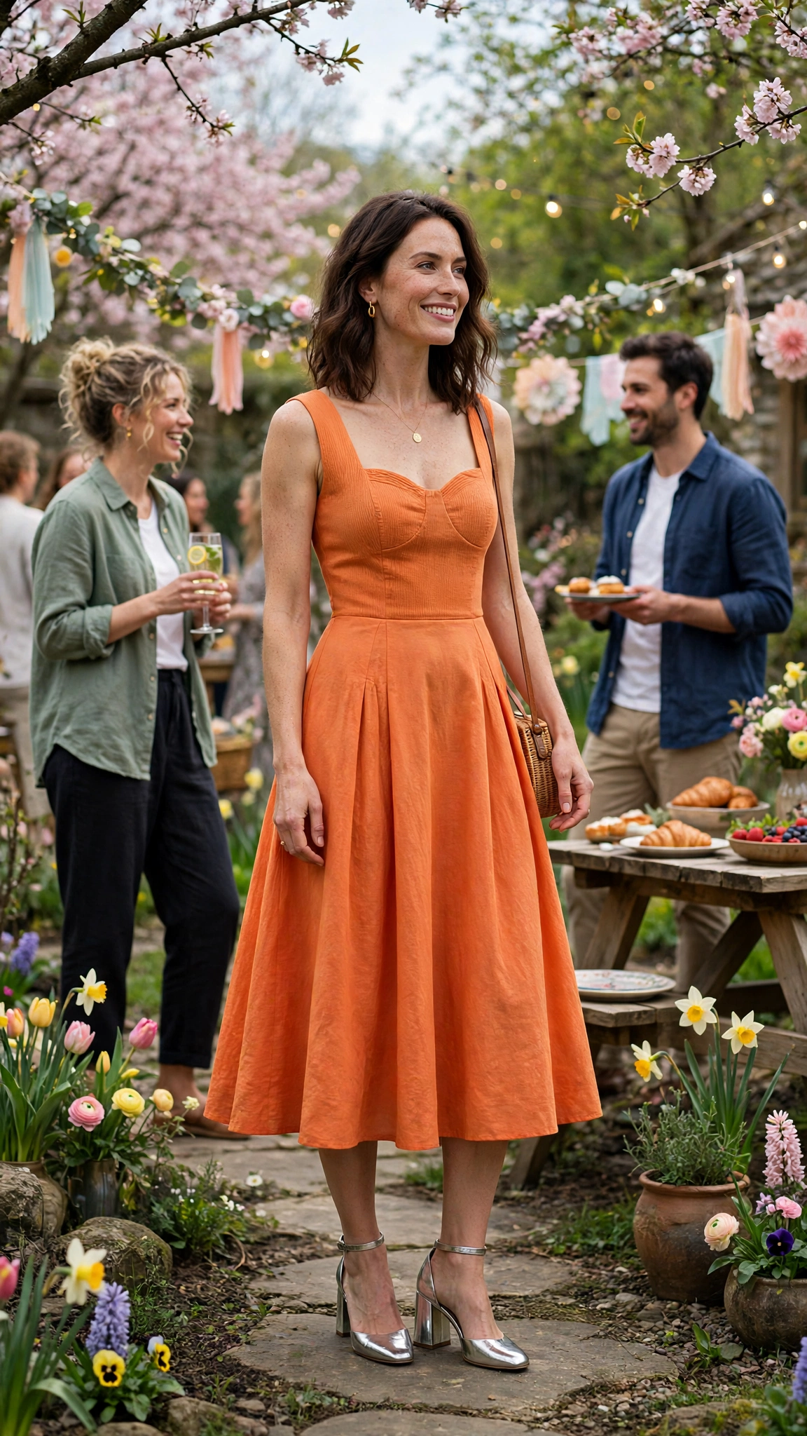 Papaya Orange Dress Outfit with a fitted bodice and metallic block heels