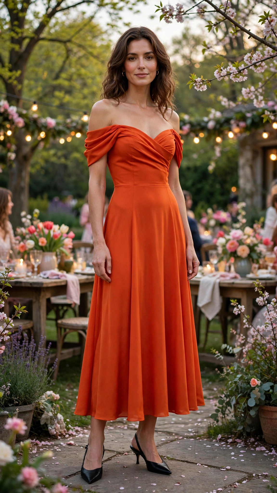 Blood Orange Orange Dress Outfit with an off-shoulder bodice and slingback heels