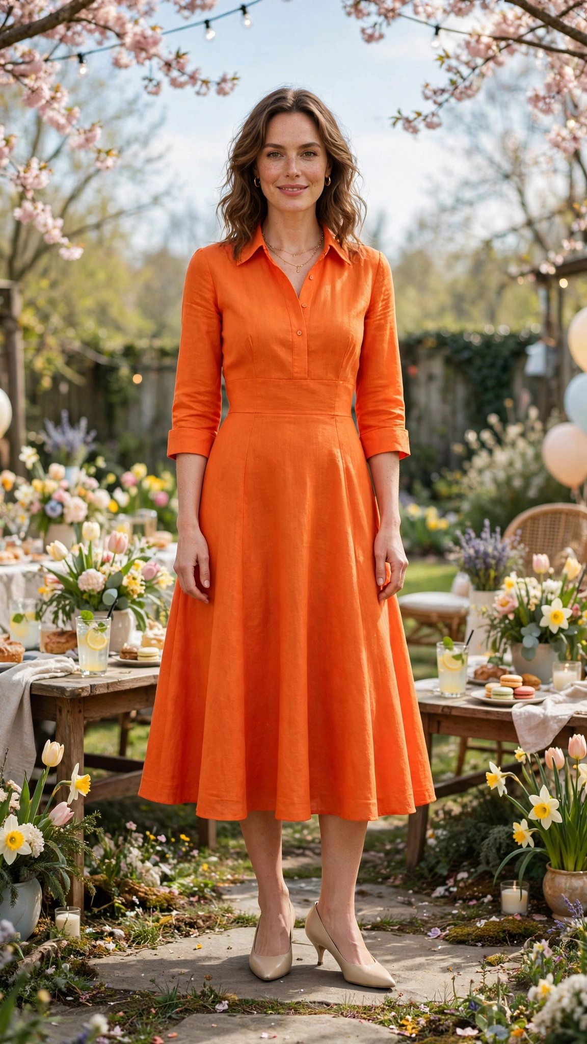 Bright Orange Orange Dress Outfit with a three-quarter sleeve bodice and kitten heels