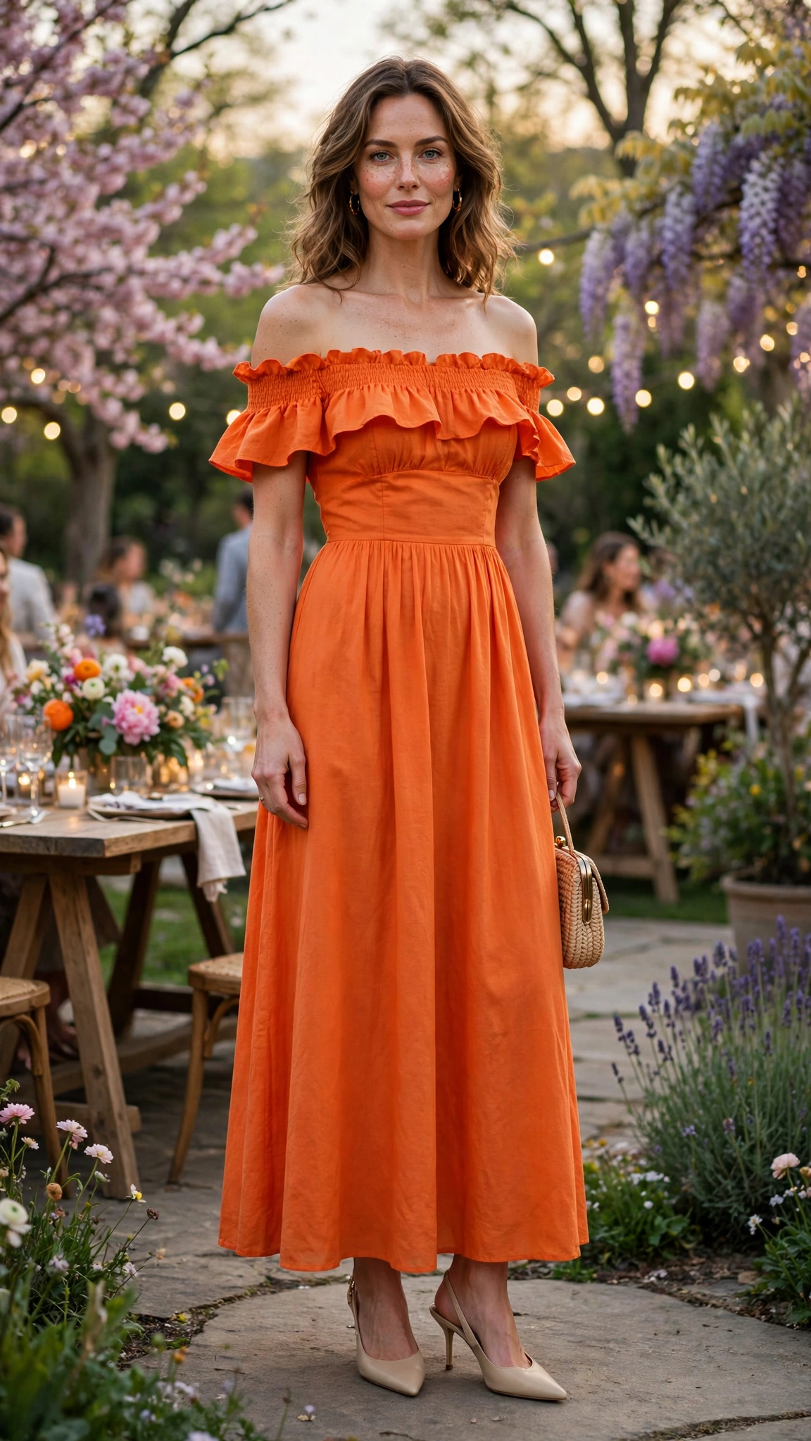 Clementine Orange Dress Outfit with an off-shoulder bodice and slingback heels