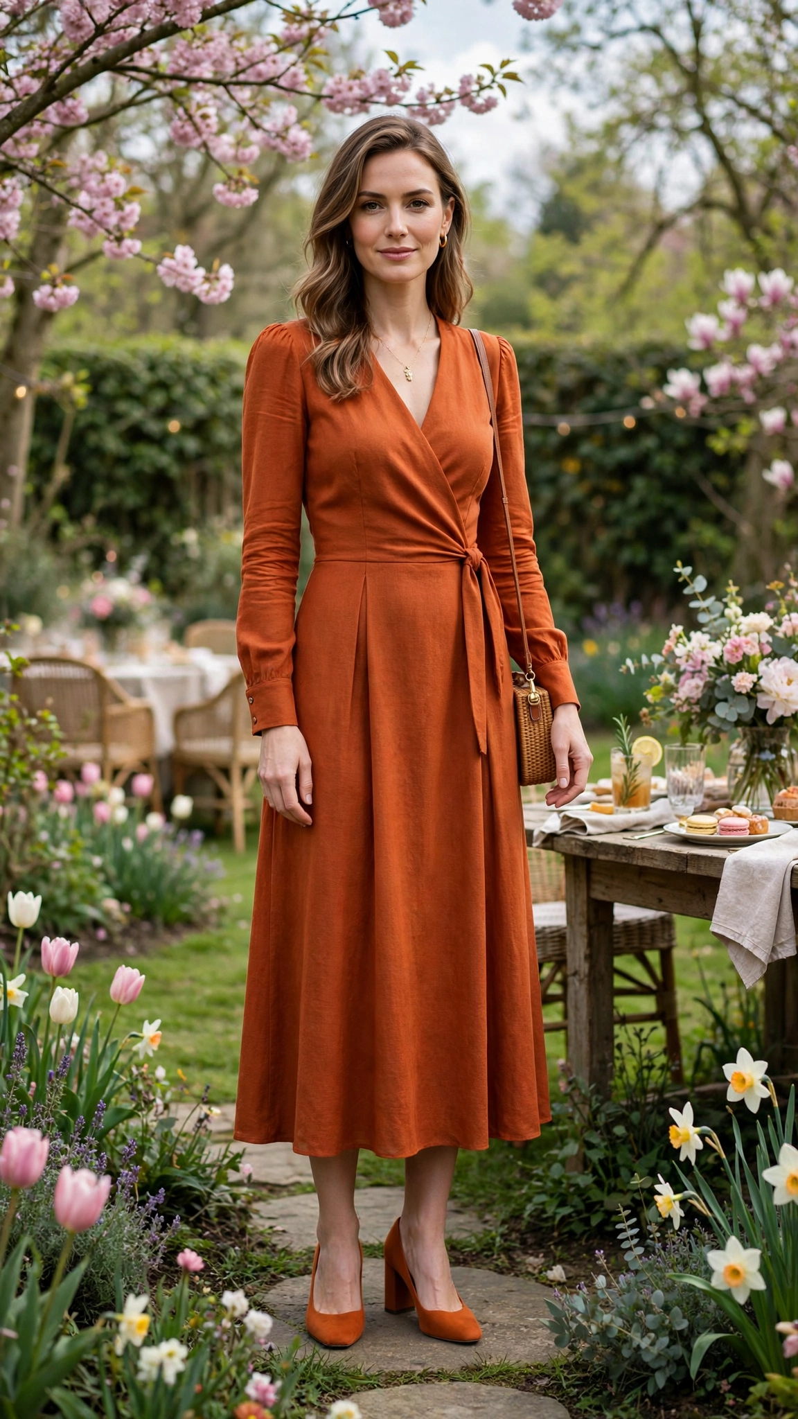 Burnt Orange Orange Dress Outfit with a long-sleeve bodice and block heels