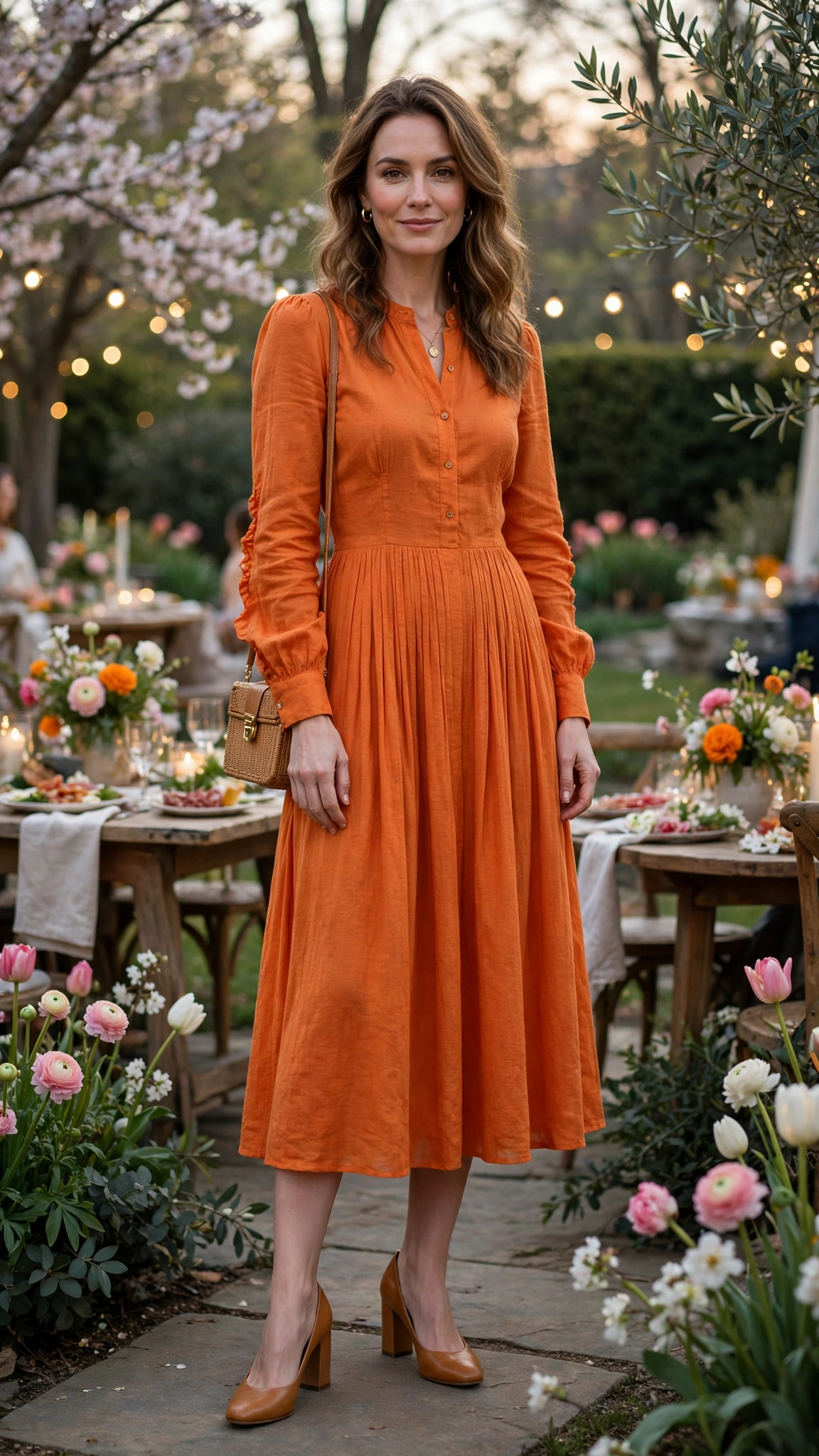 Marigold Orange Dress Outfit with a long-sleeve bodice and block heels