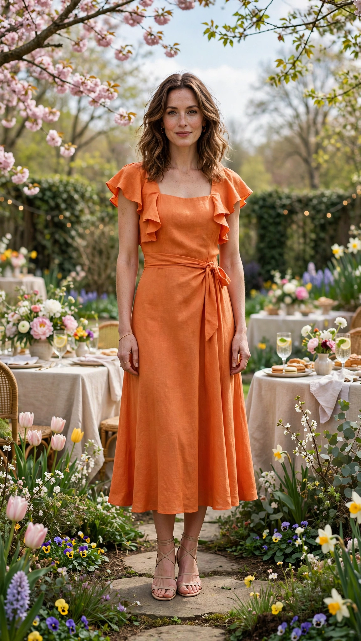 Clementine Orange Dress Outfit with a flutter-sleeve bodice and nude strappy sandals