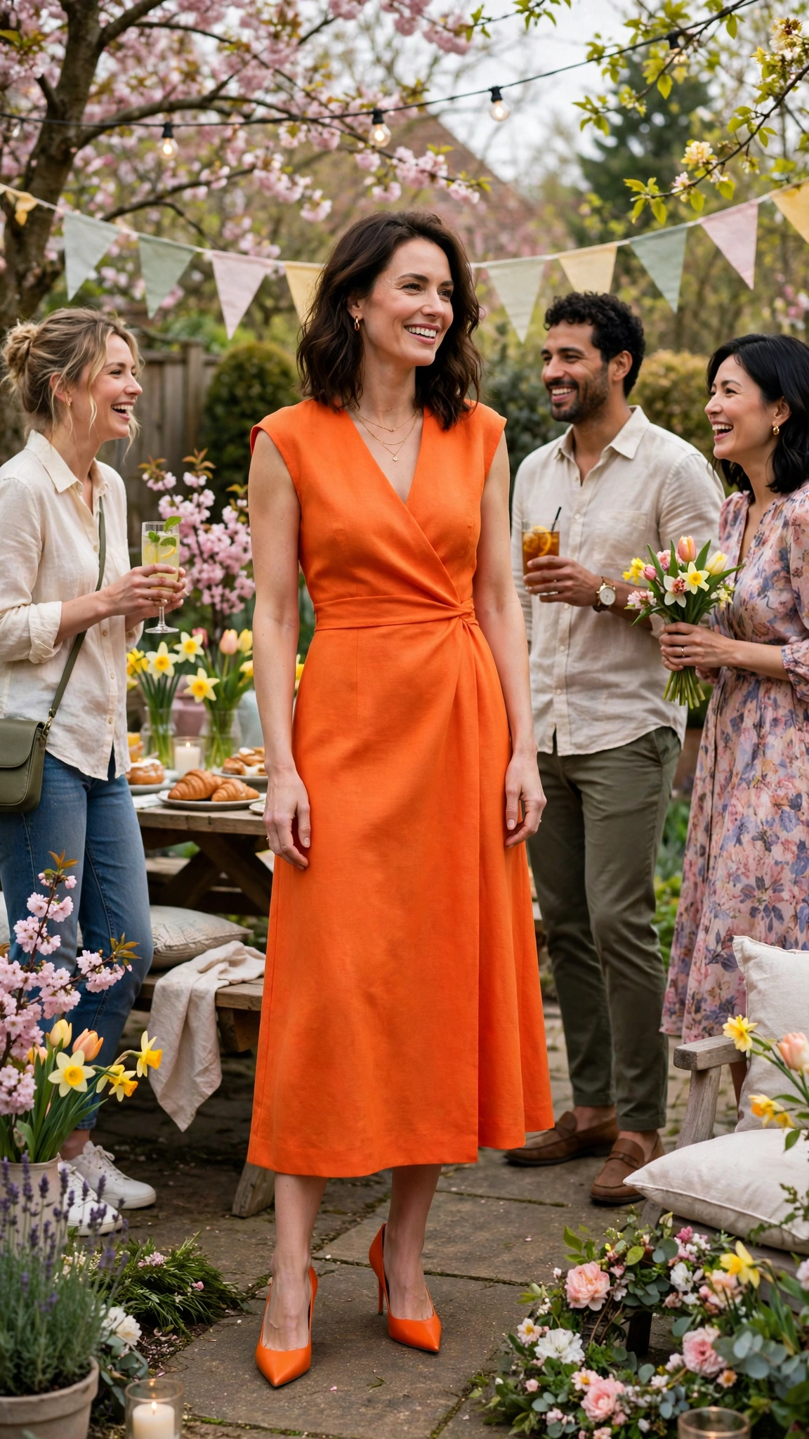 Bright Orange Orange Dress Outfit with a sleeveless bodice and pointed pumps