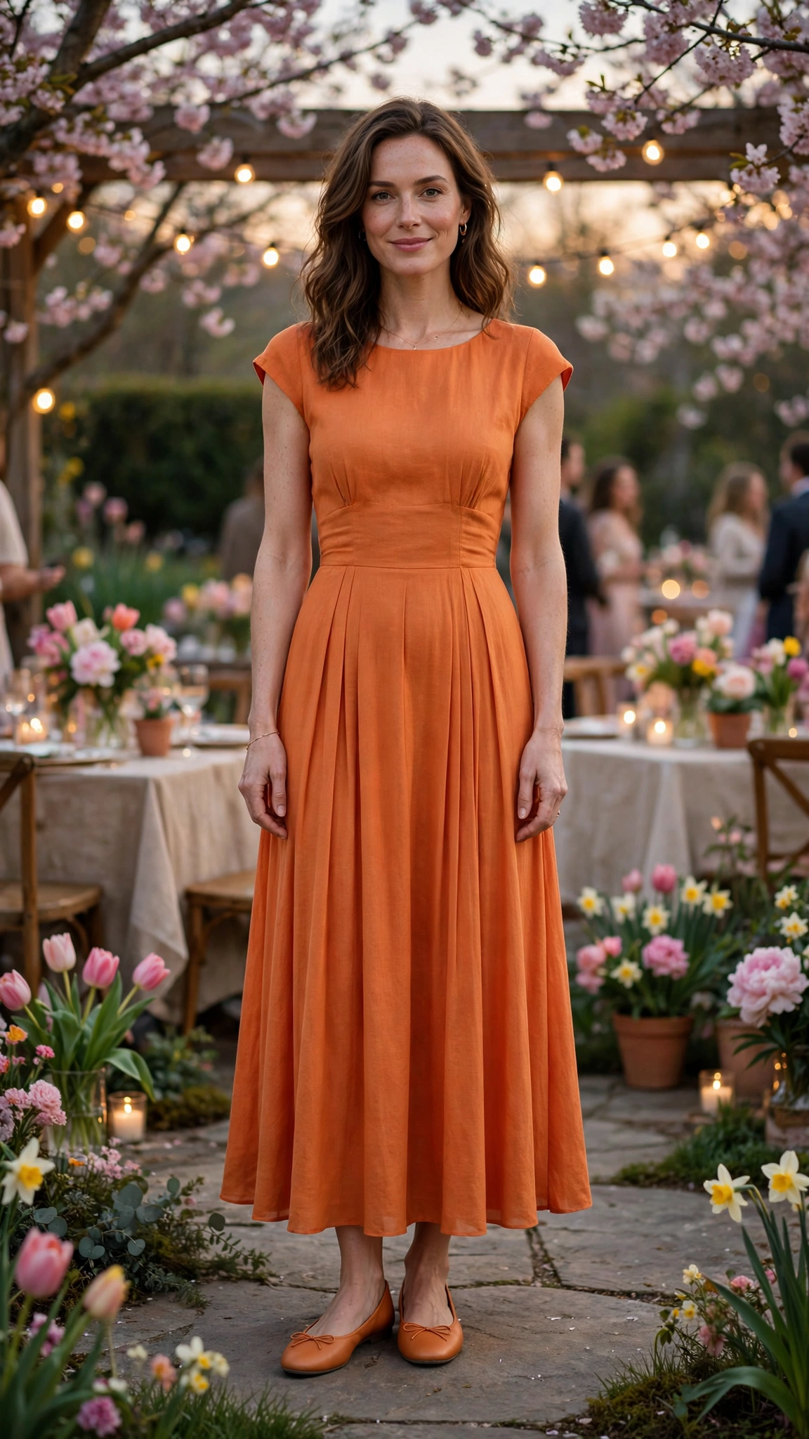 Sunset Orange Orange Dress Outfit with a cap-sleeve bodice and ballet flats