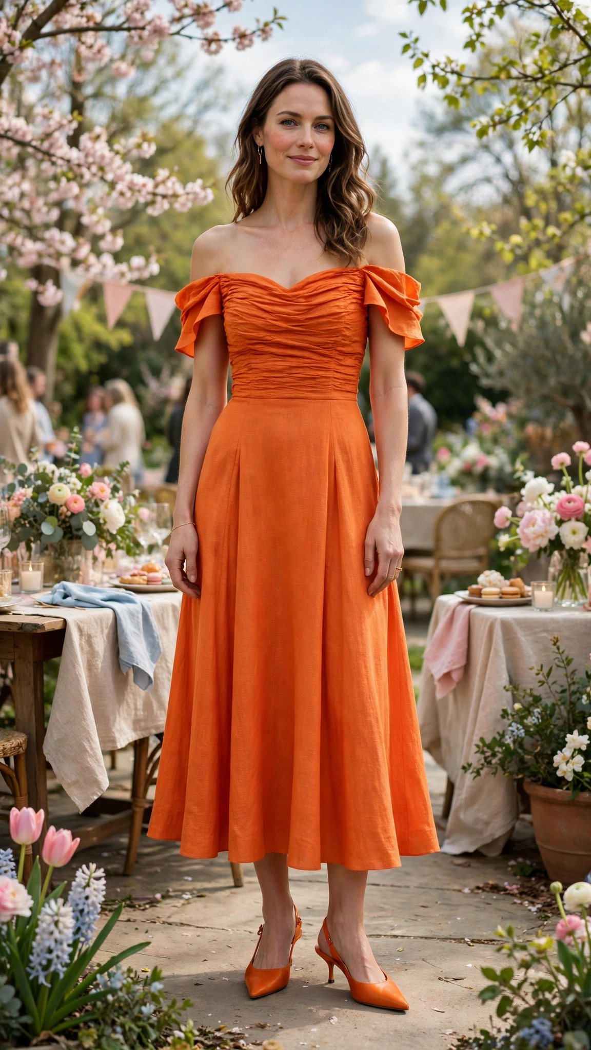 Flame Orange Orange Dress Outfit with an off-shoulder bodice and slingback heels