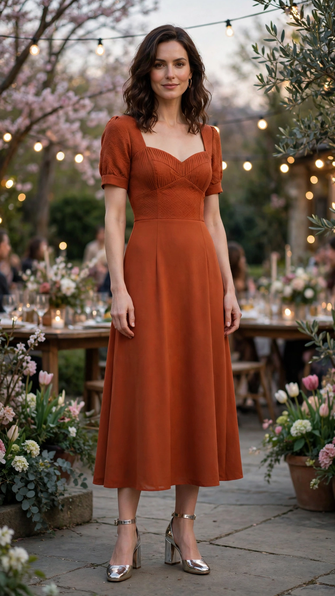 Rust Orange Orange Dress Outfit with a fitted bodice and metallic block heels
