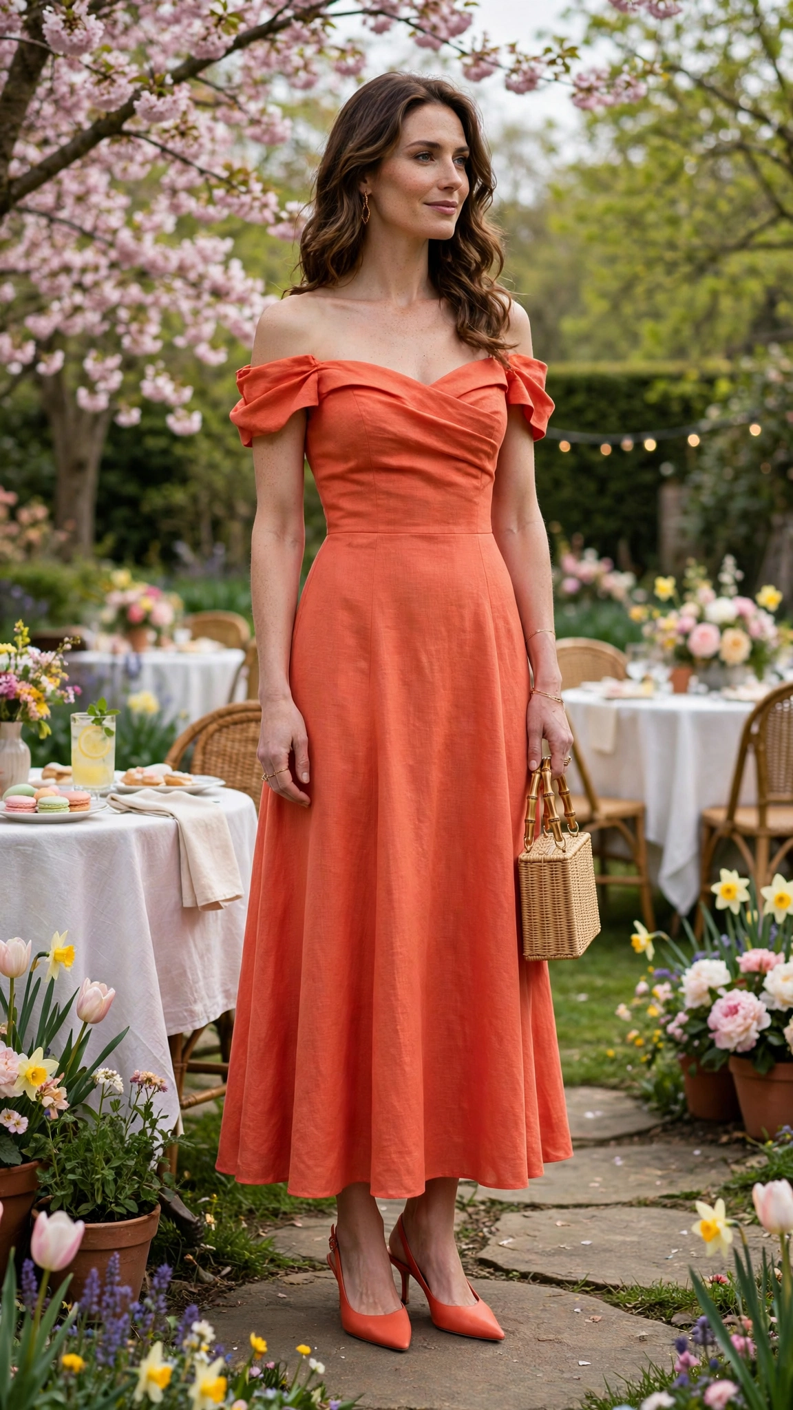 Coral Orange Orange Dress Outfit with an off-shoulder bodice and slingback heels