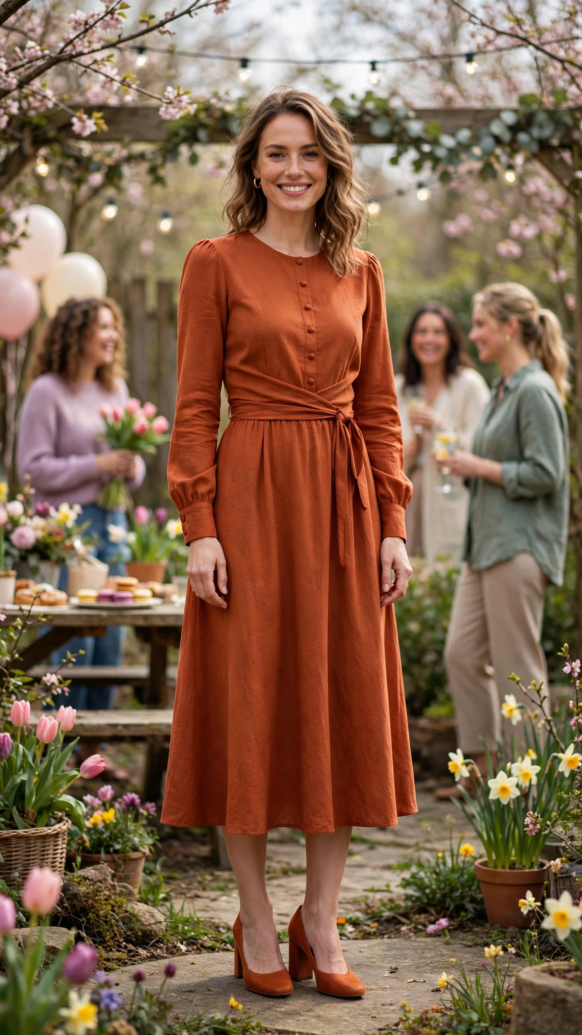 Rust Orange Orange Dress Outfit with a long-sleeve bodice and block heels