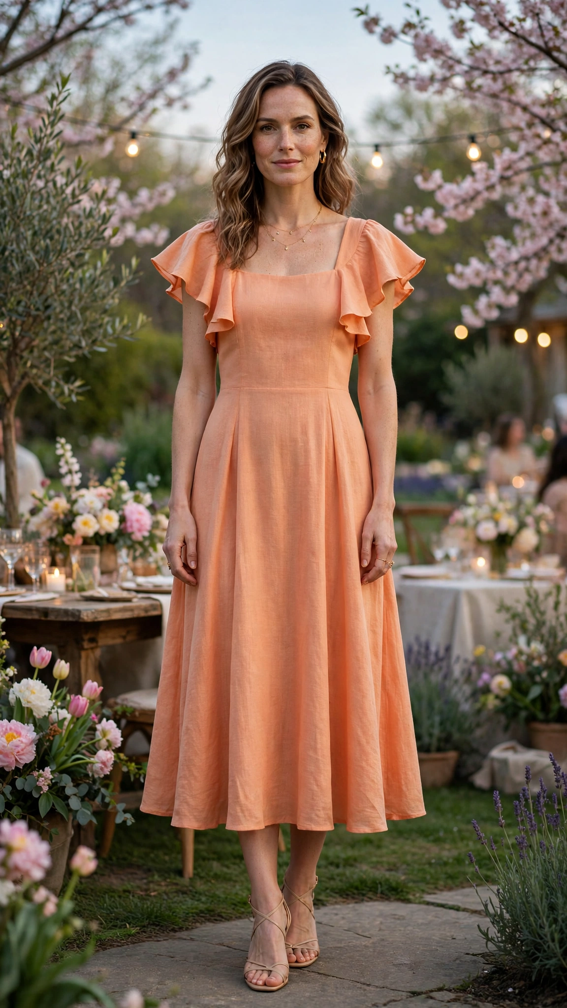 Peach Orange Orange Dress Outfit with a flutter-sleeve bodice and nude strappy sandals