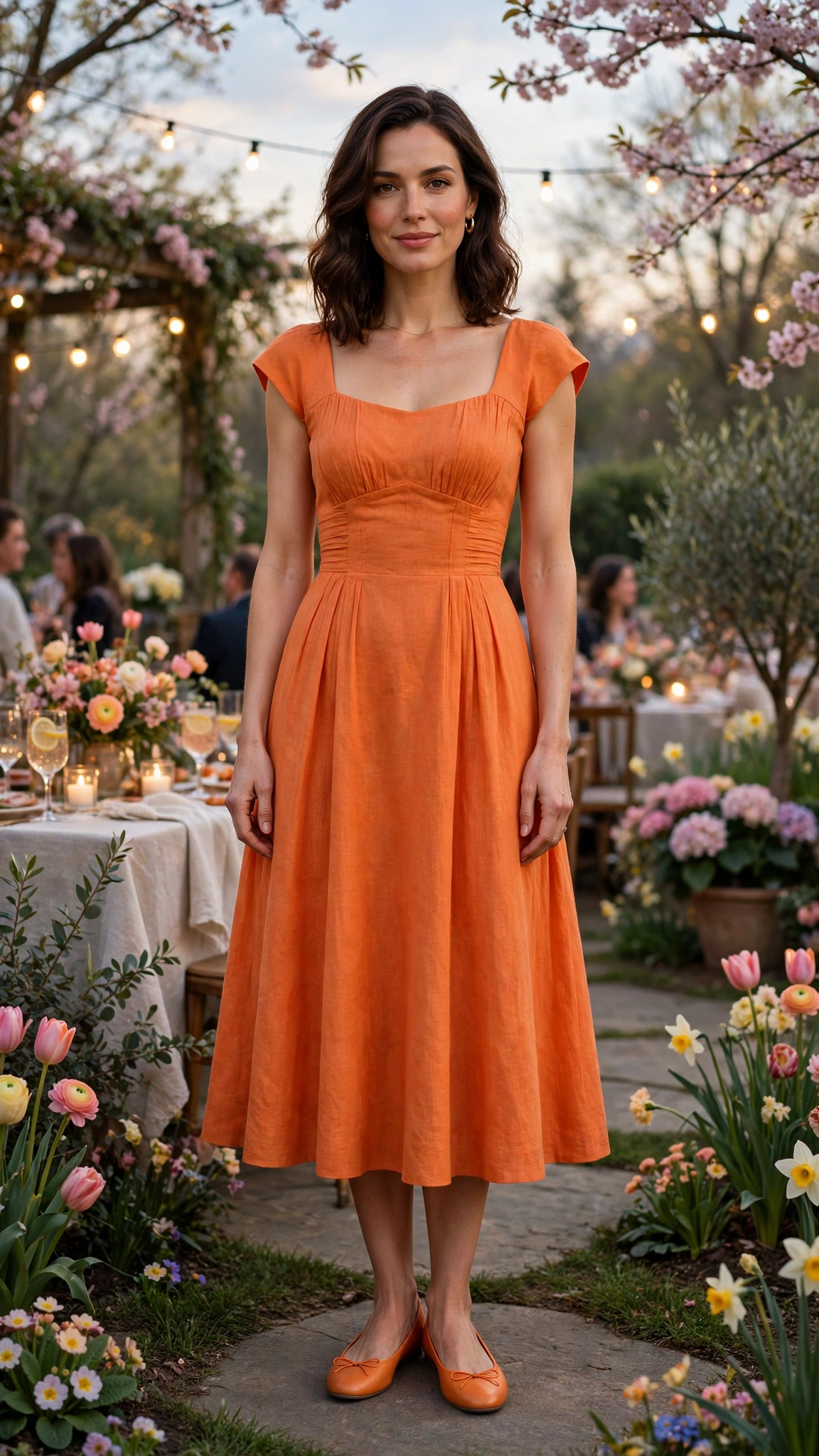 Papaya Orange Dress Outfit with a cap-sleeve bodice and ballet flats