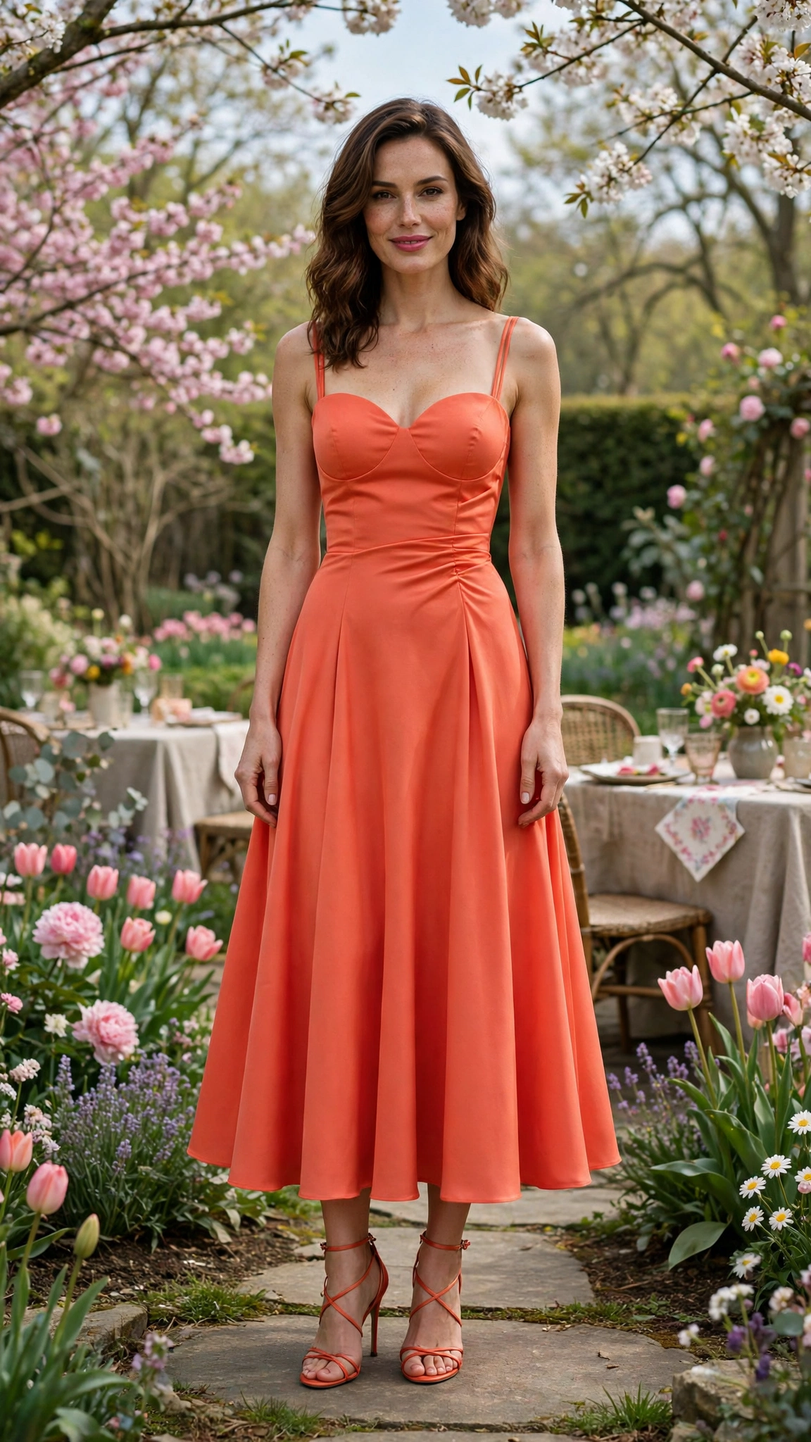 Coral Orange Orange Dress Outfit with a sweetheart bodice and strappy heels