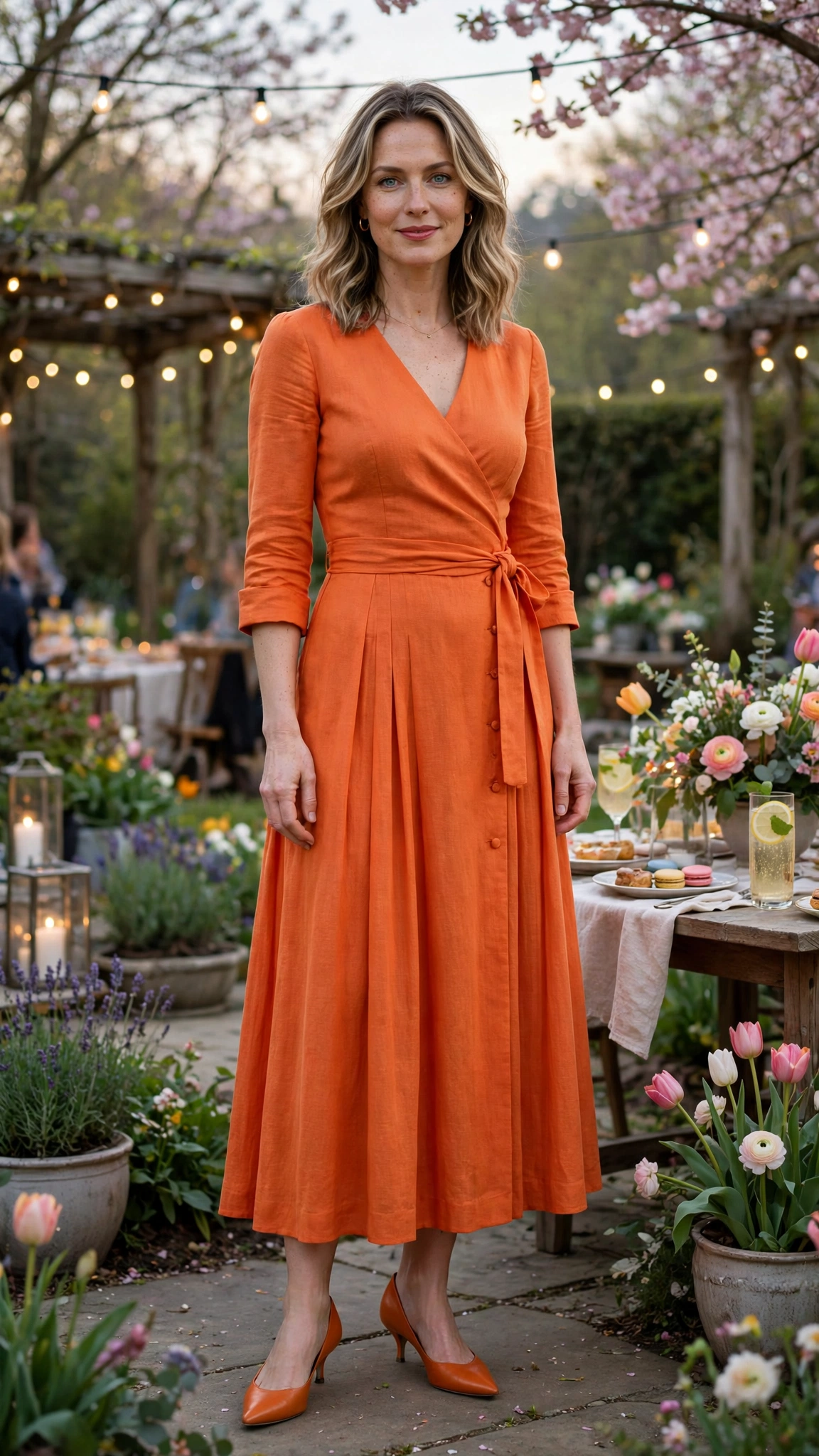 Tangerine Orange Dress Outfit with a three-quarter sleeve bodice and kitten heels