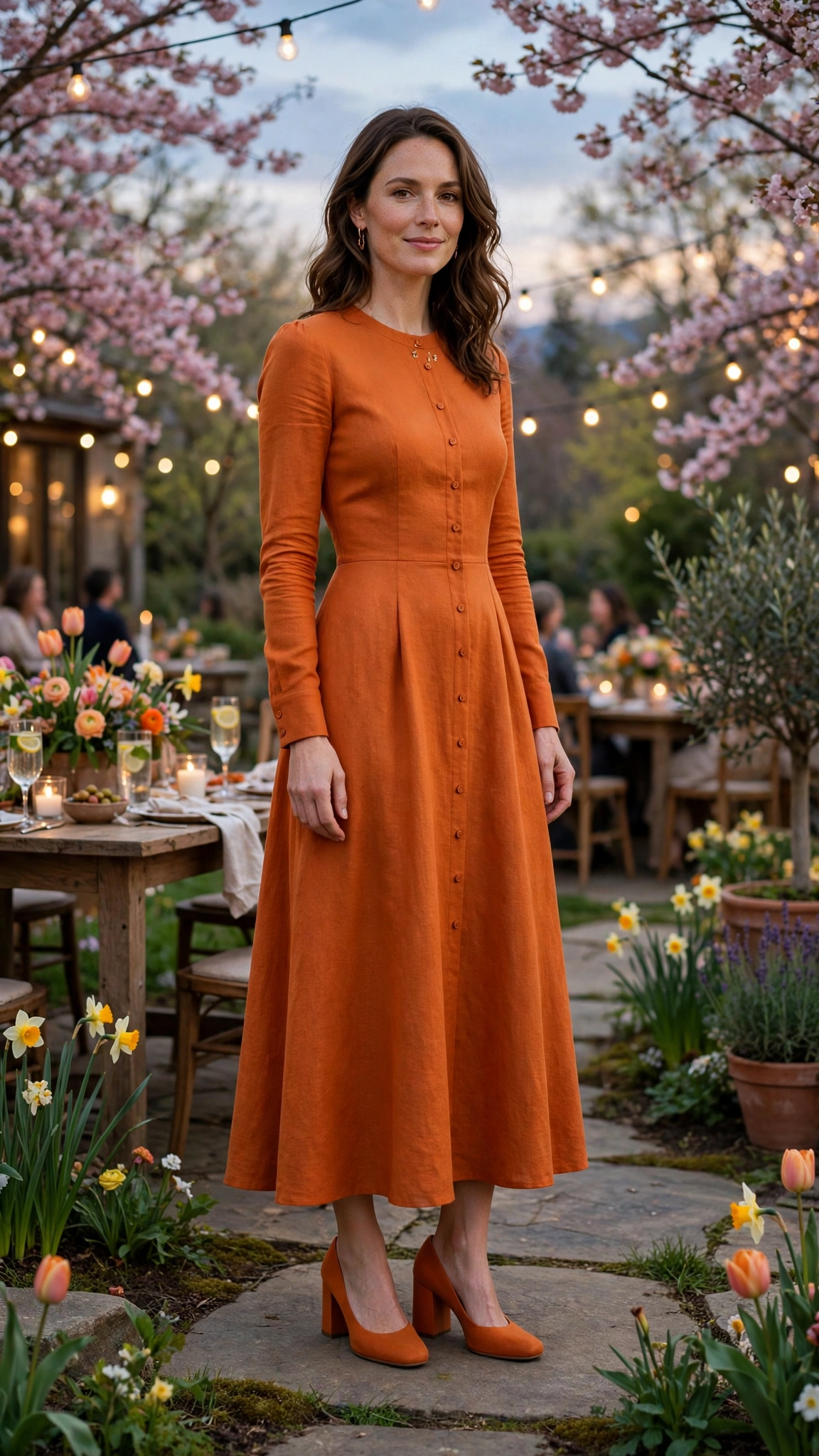 Pumpkin Orange Dress Outfit with a long-sleeve bodice and block heels