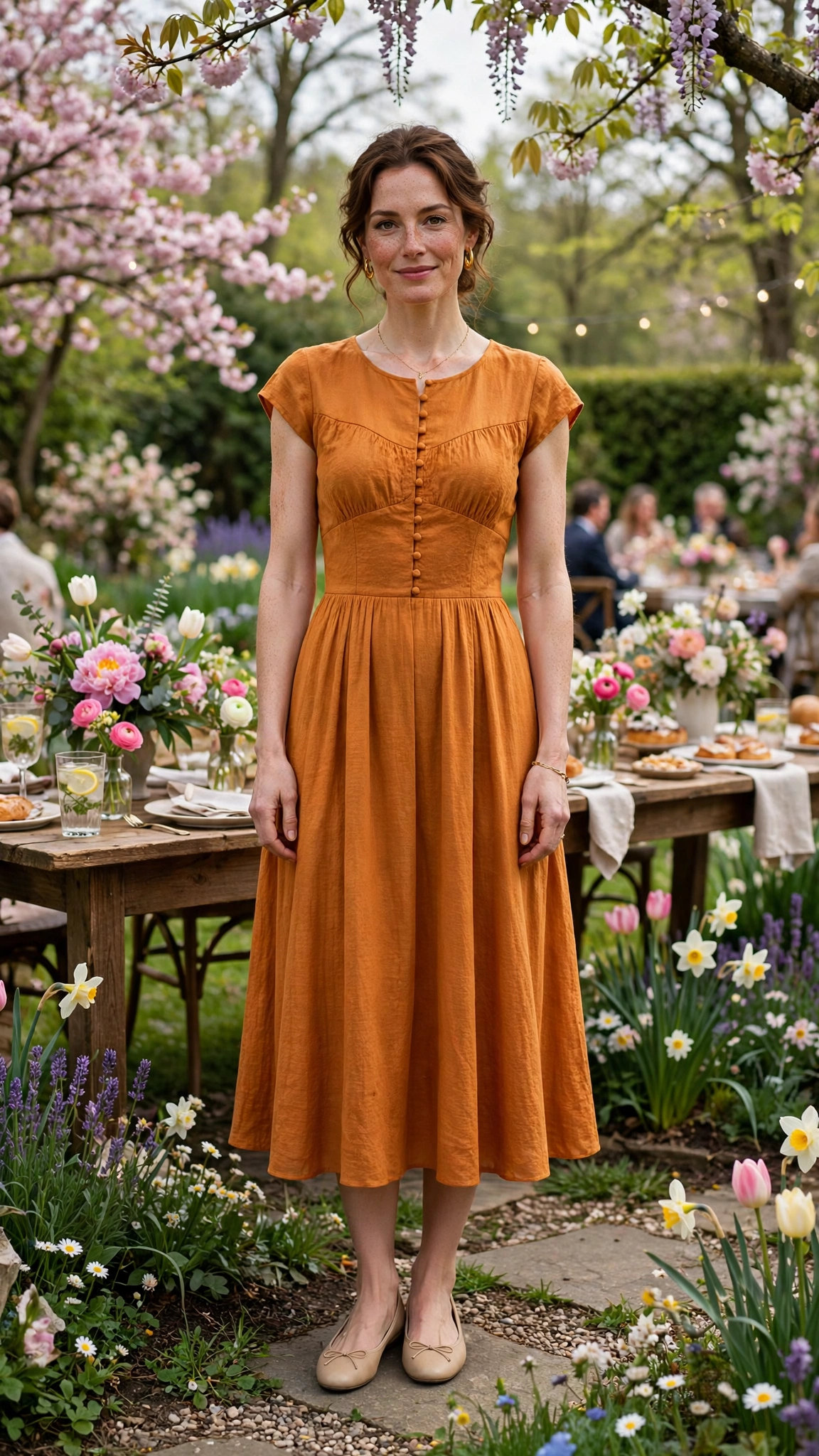 Amber Orange Dress Outfit with a cap-sleeve bodice and ballet flats