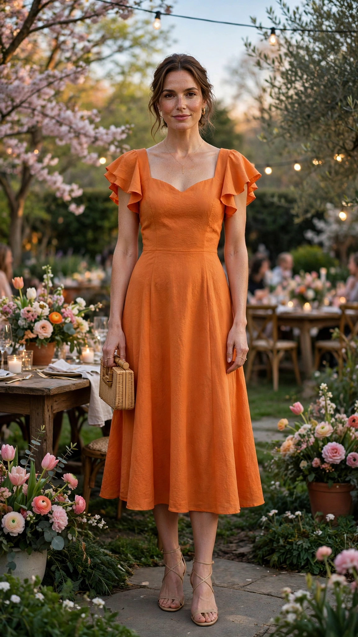 Pumpkin Orange Dress Outfit with a flutter-sleeve bodice and nude strappy sandals
