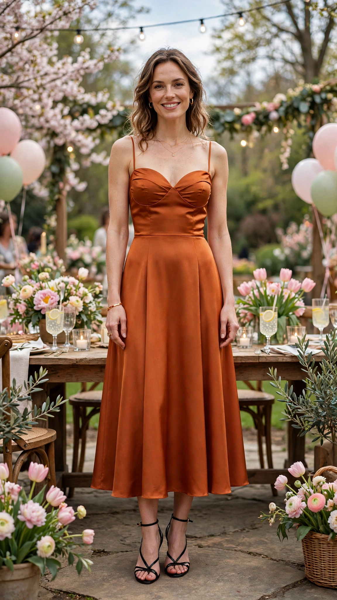 Burnt Orange Orange Dress Outfit with a sweetheart bodice and strappy heels