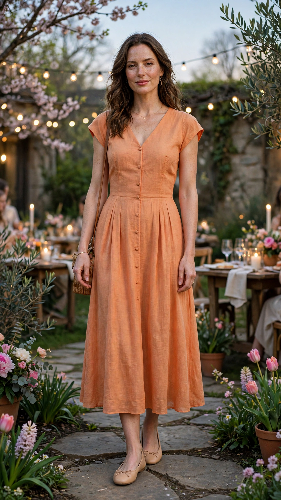 Apricot Orange Dress Outfit with a cap-sleeve bodice and ballet flats