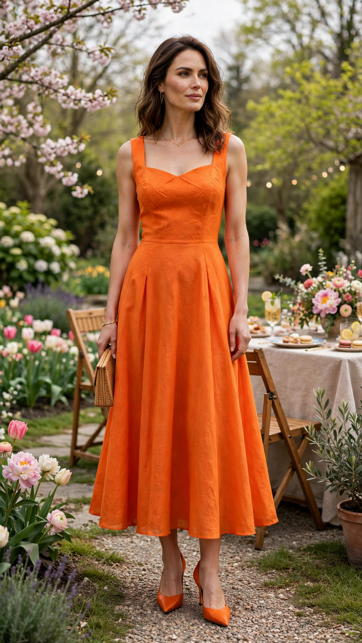 Flame Orange Orange Dress Outfit with a sleeveless bodice and pointed pumps