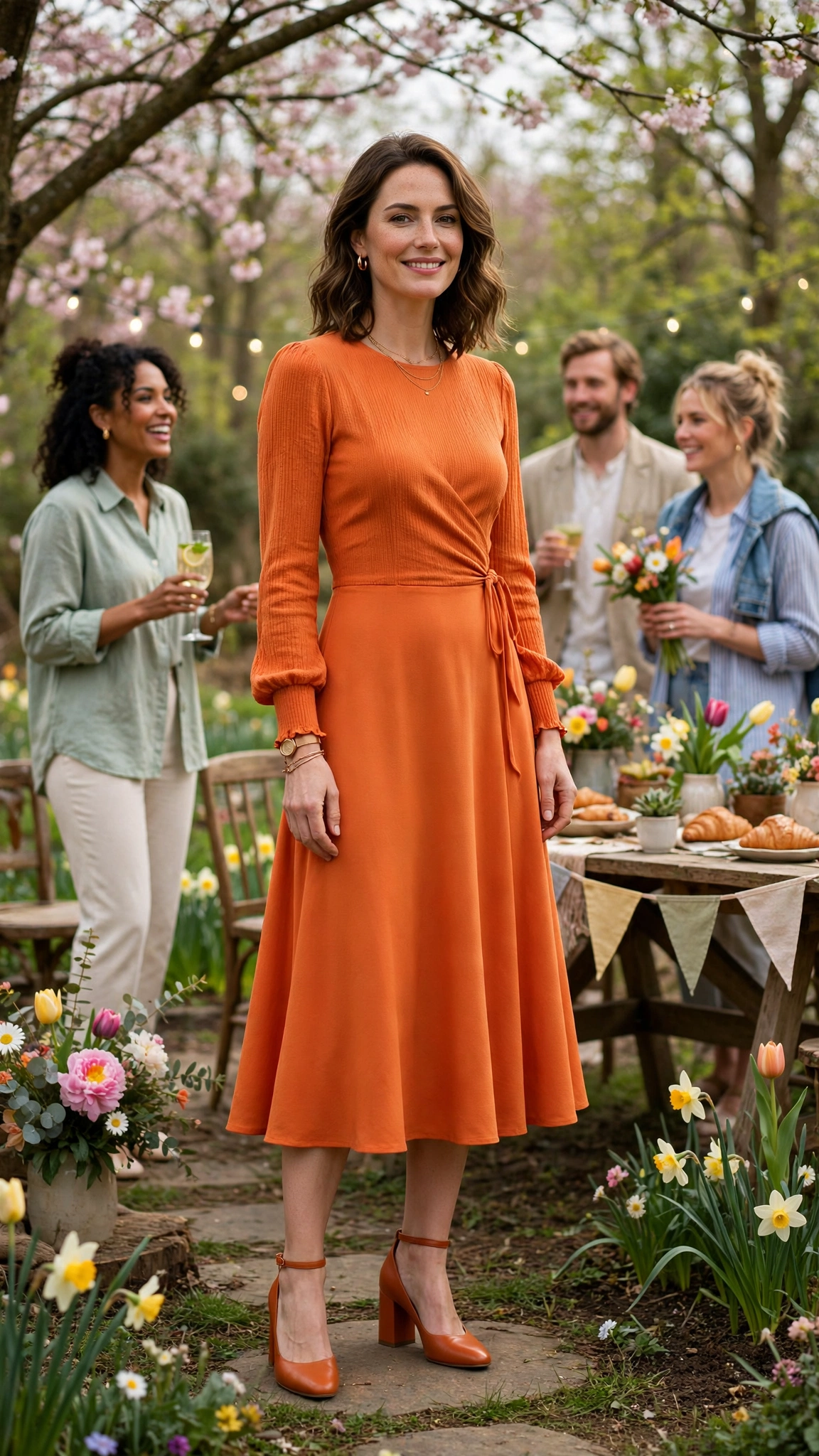 Sunset Orange Orange Dress Outfit with a long-sleeve bodice and block heels