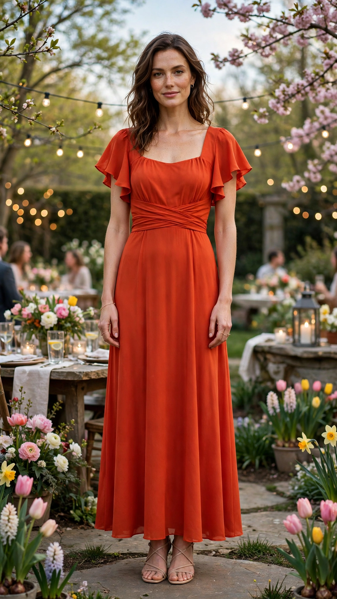 Blood Orange Orange Dress Outfit with a flutter-sleeve bodice and nude strappy sandals