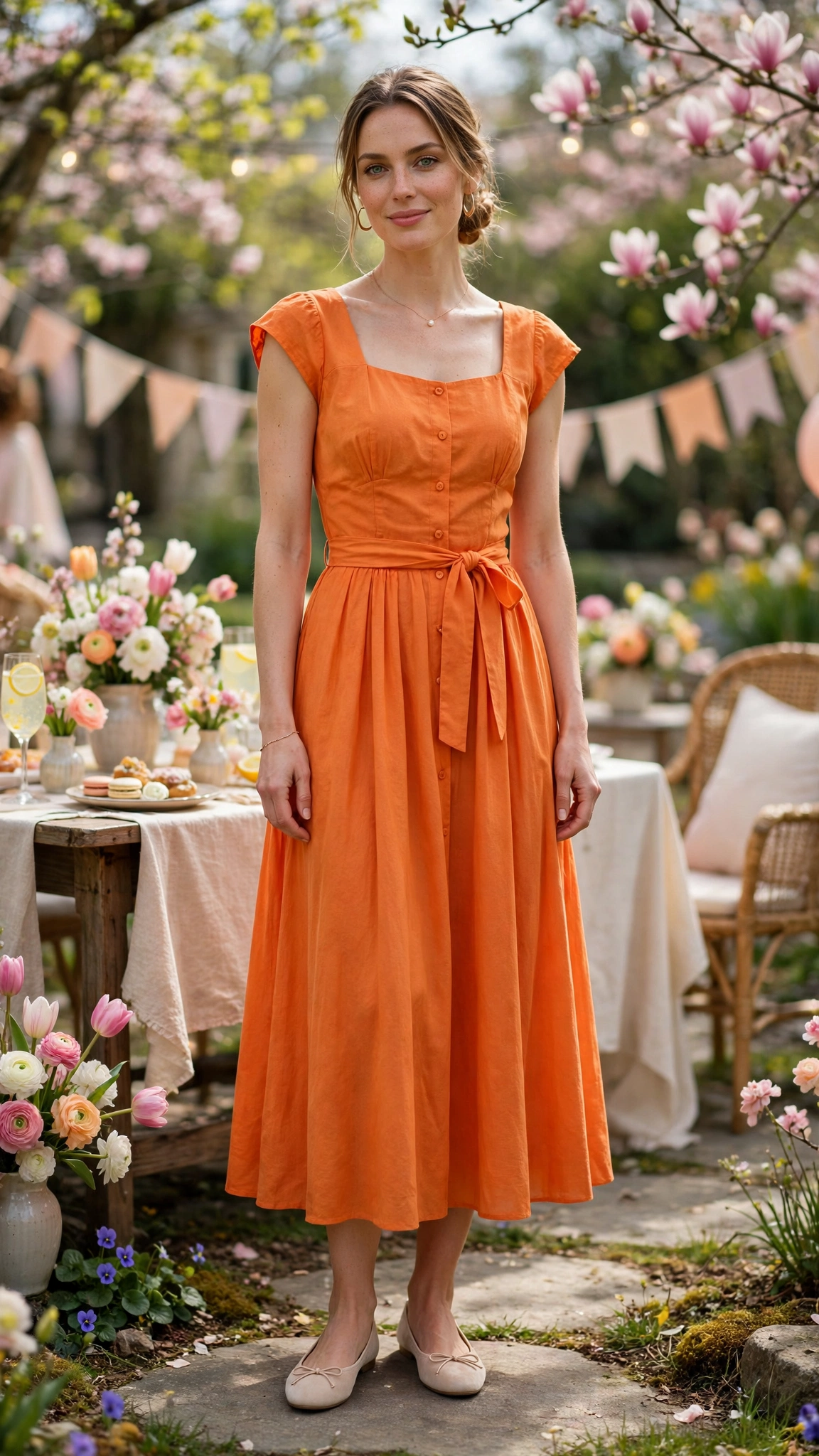 Clementine Orange Dress Outfit with a cap-sleeve bodice and ballet flats