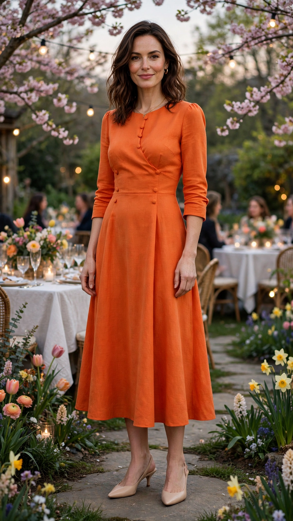 Flame Orange Orange Dress Outfit with a three-quarter sleeve bodice and kitten heels