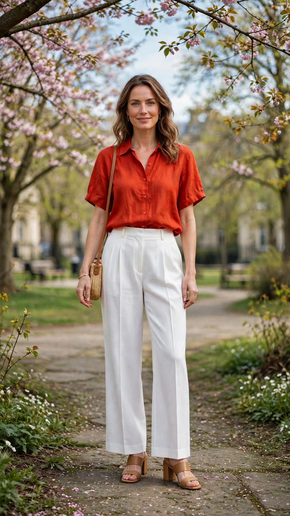 Blood Orange Orange Top and White Trouser Outfit with white pleated trousers and block-heel sandals