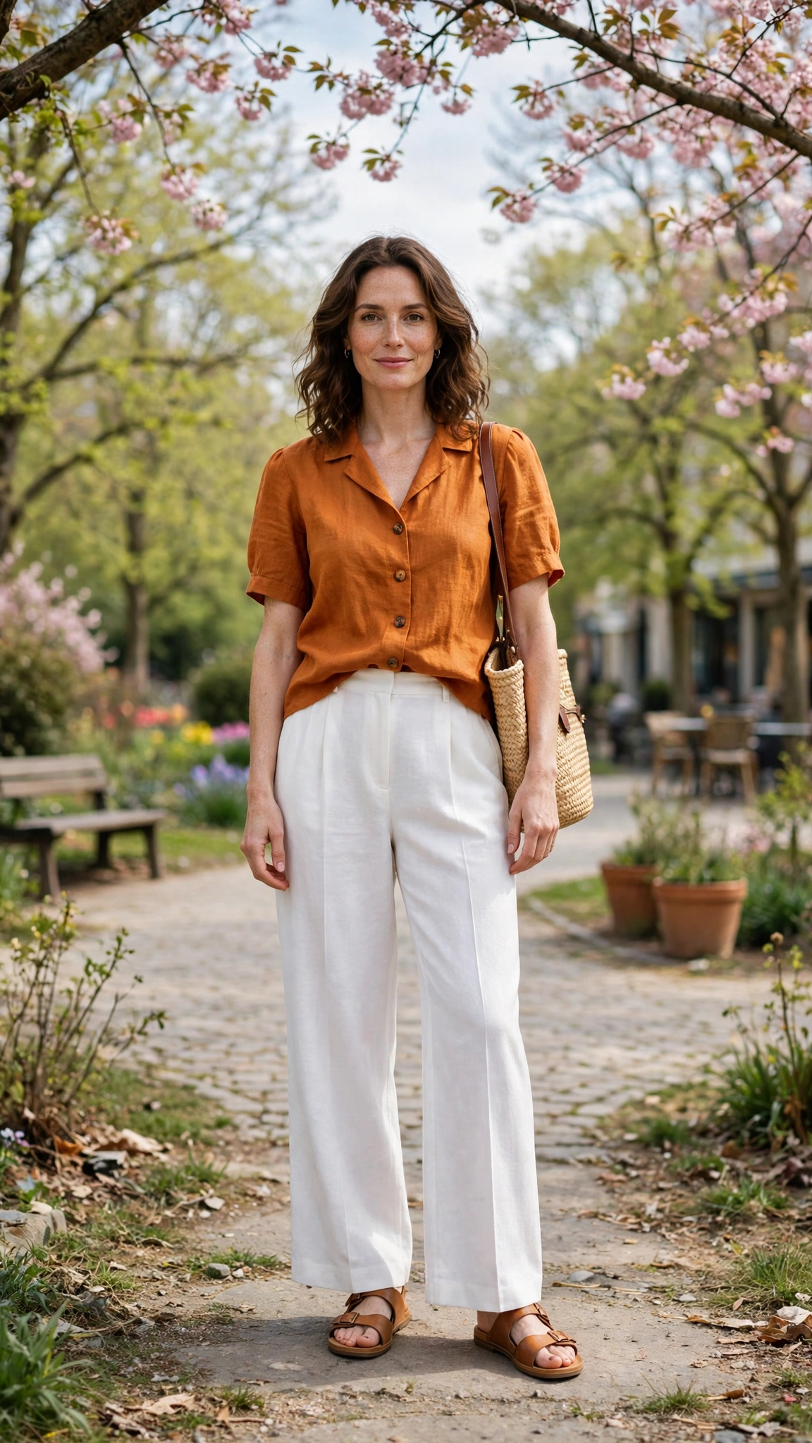 Amber Orange Top and White Trouser Outfit with white wide-leg trousers and tan sandals