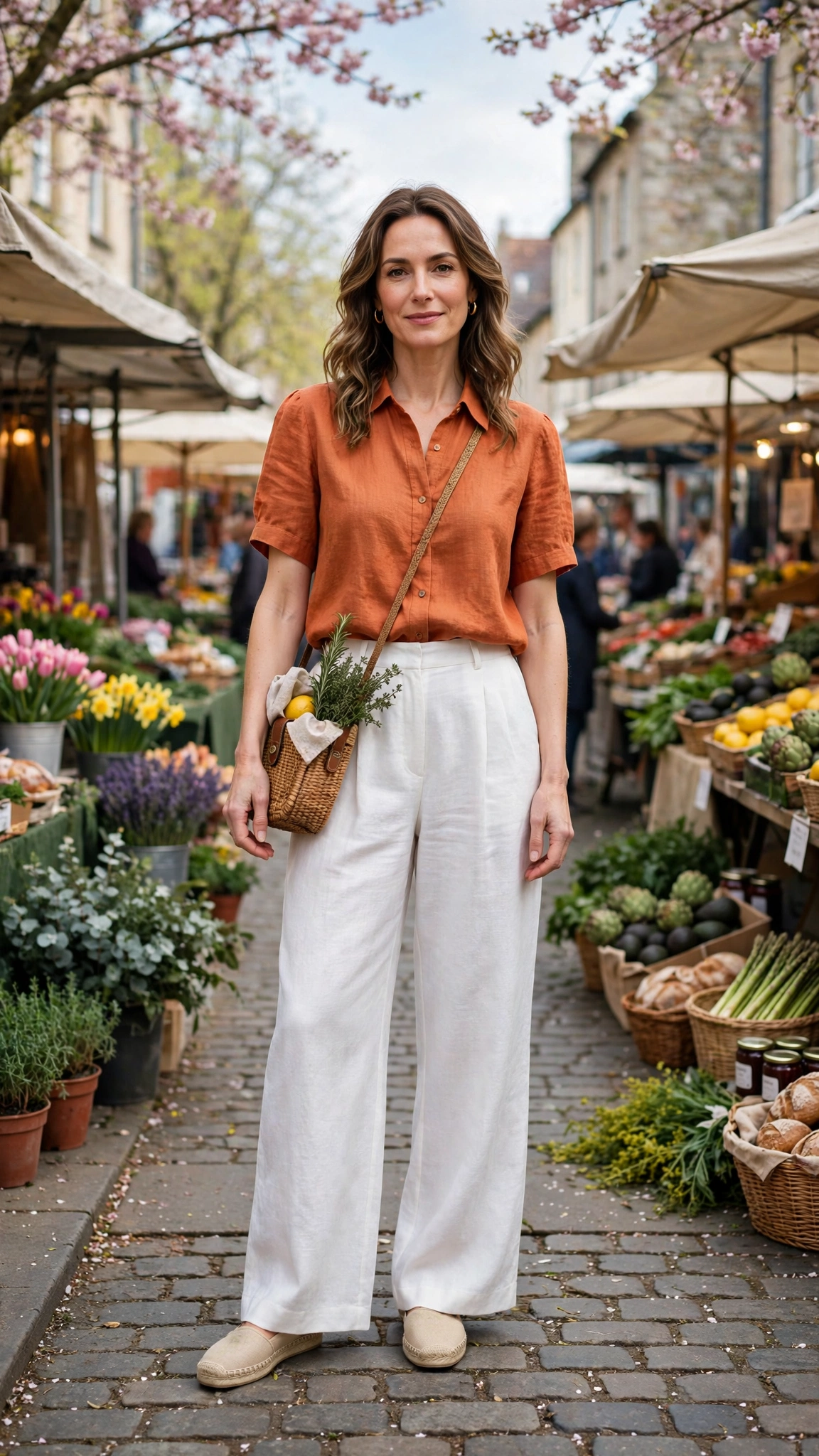 Terracotta Orange Top and White Trouser Outfit with white wide-leg trousers and espadrilles
