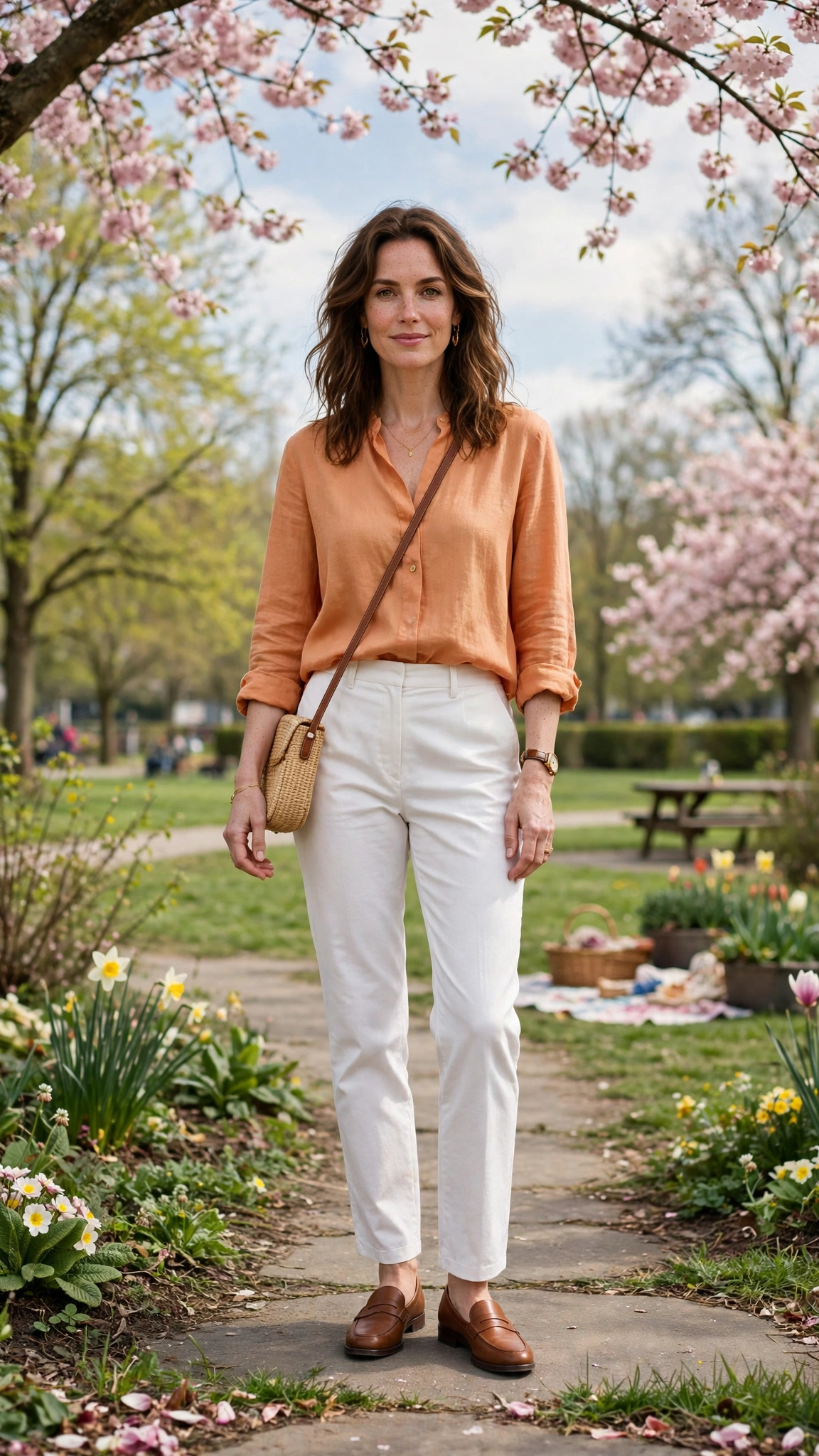 Apricot Orange Top and White Trouser Outfit with white straight trousers and loafers