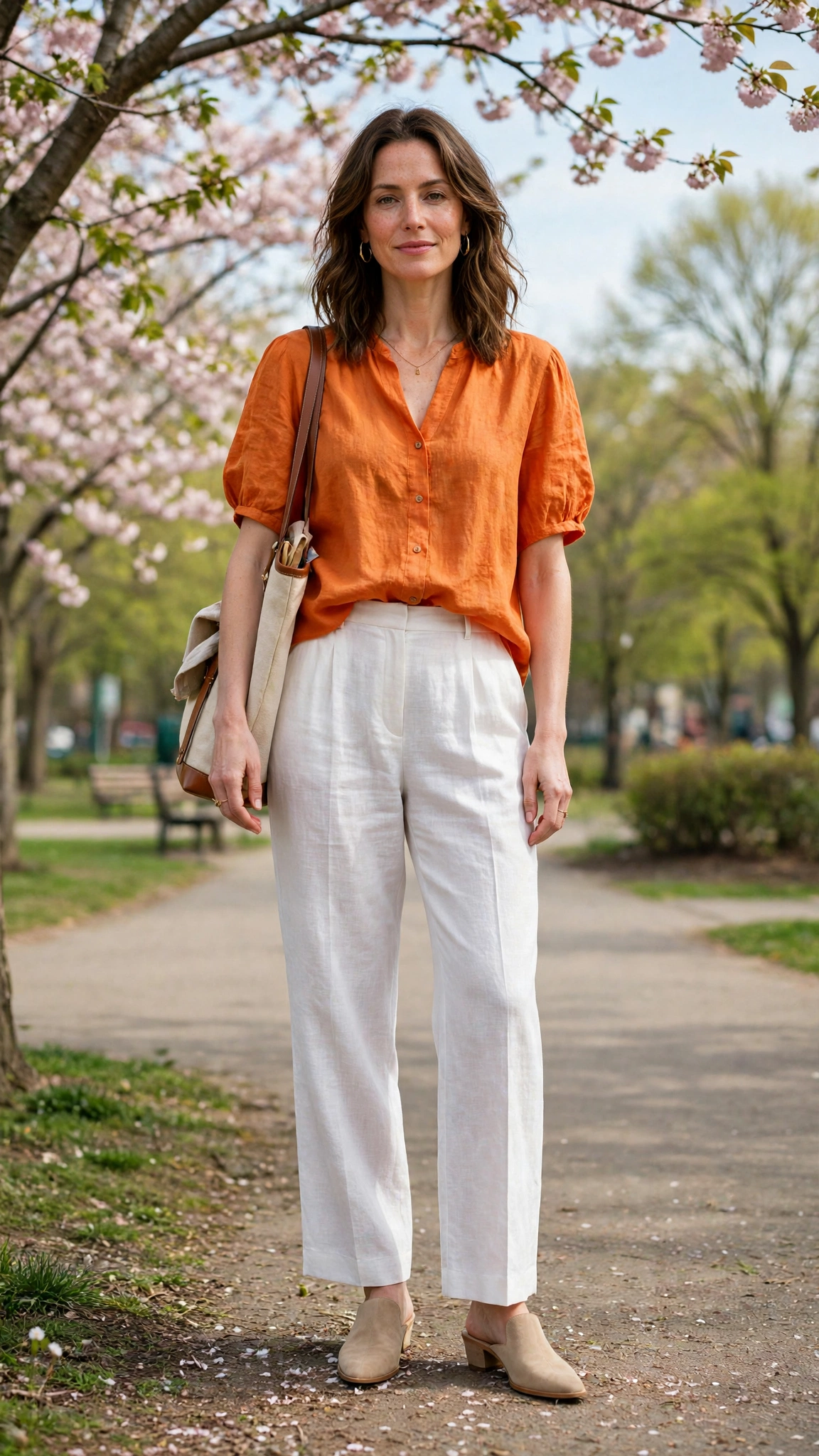 Pumpkin Orange Top and White Trouser Outfit with white linen trousers and mules