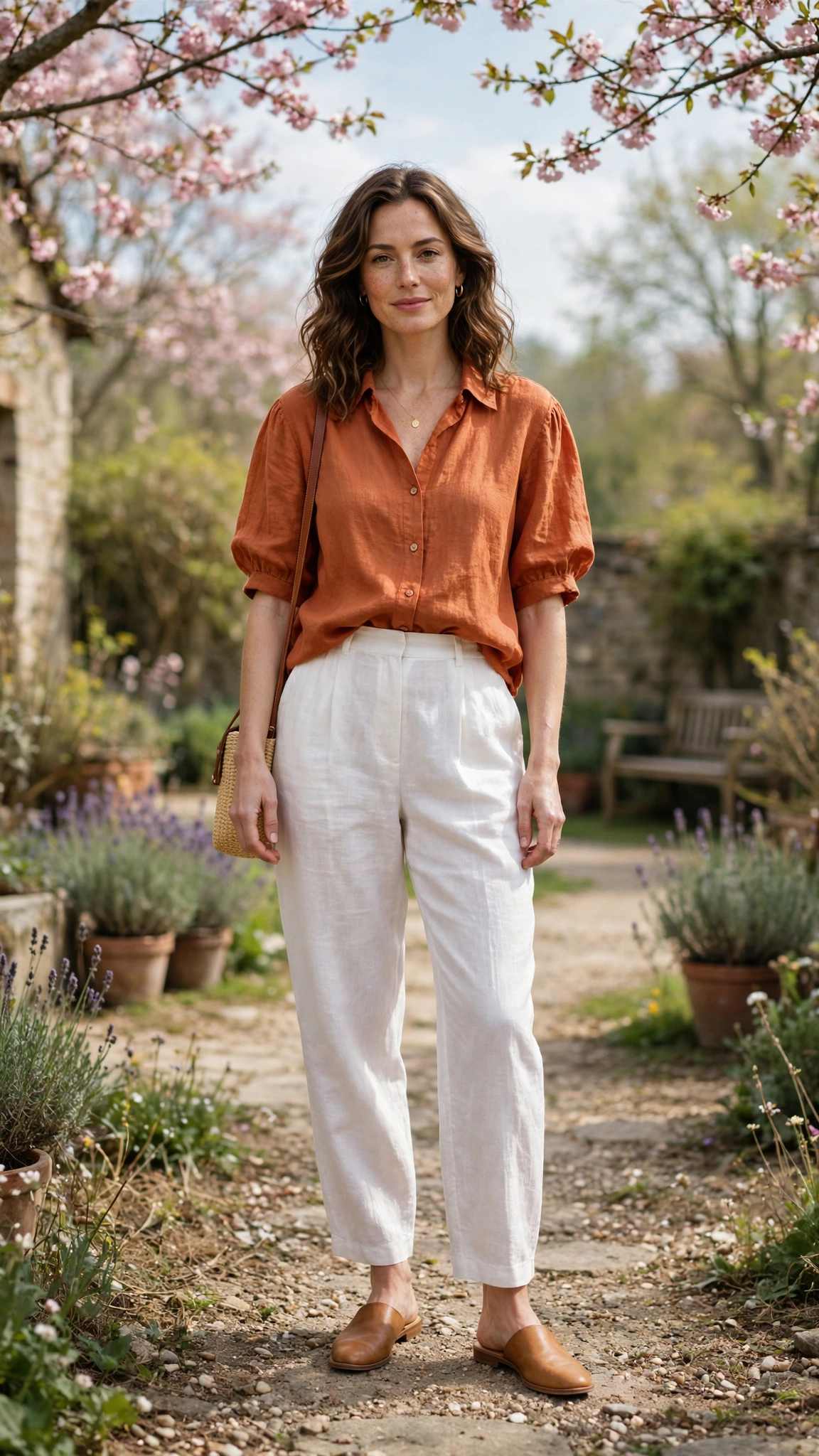 Terracotta Orange Top and White Trouser Outfit with white linen trousers and mules