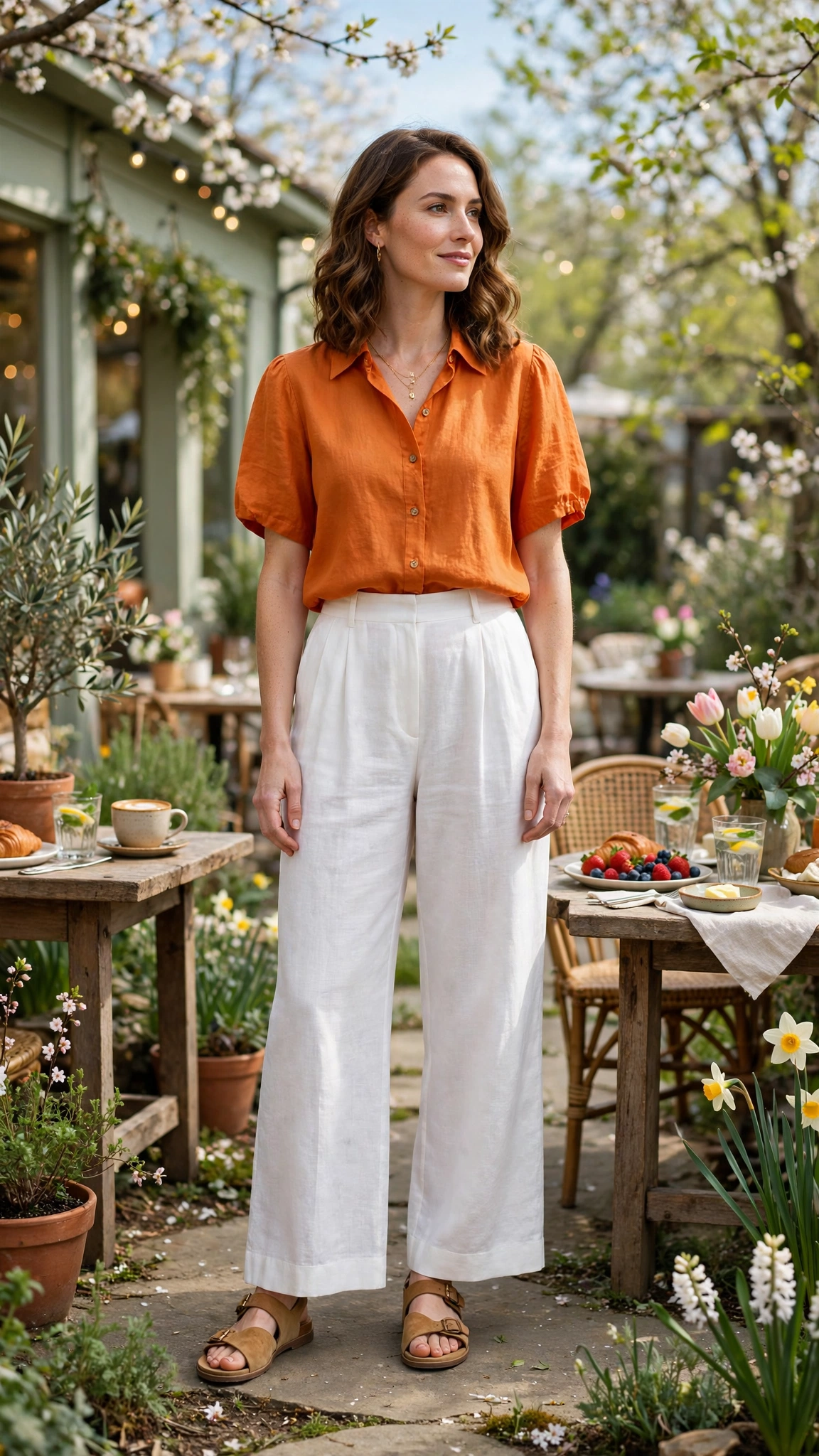 Pumpkin Orange Top and White Trouser Outfit with white wide-leg trousers and tan sandals