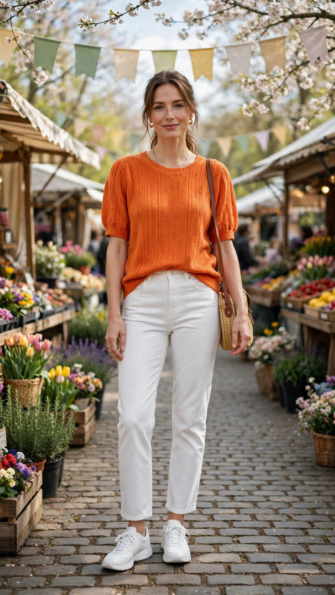 Tangerine Orange Top and White Trouser Outfit with white jeans and white trainers