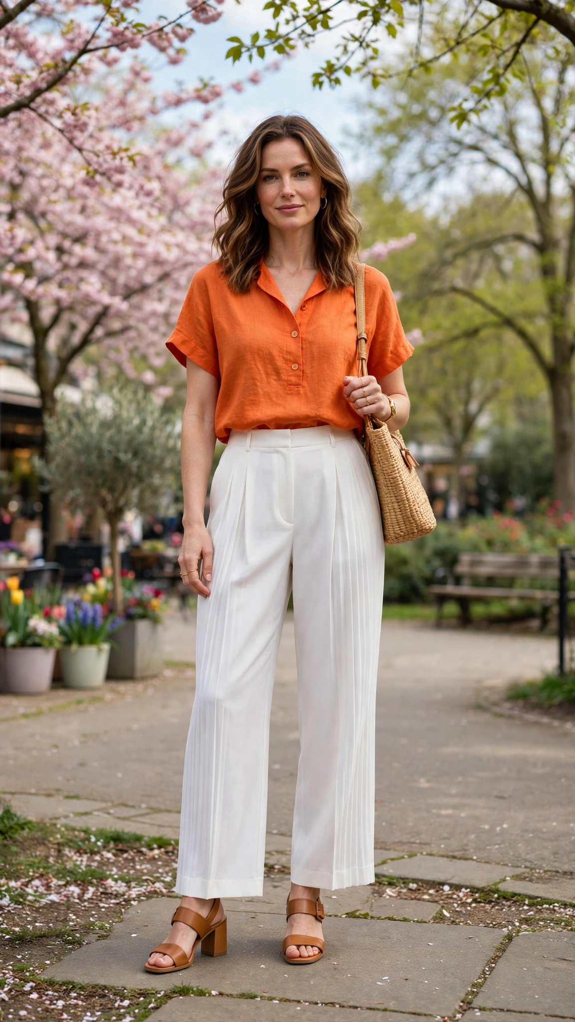 Tangerine Orange Top and White Trouser Outfit with white pleated trousers and block-heel sandals