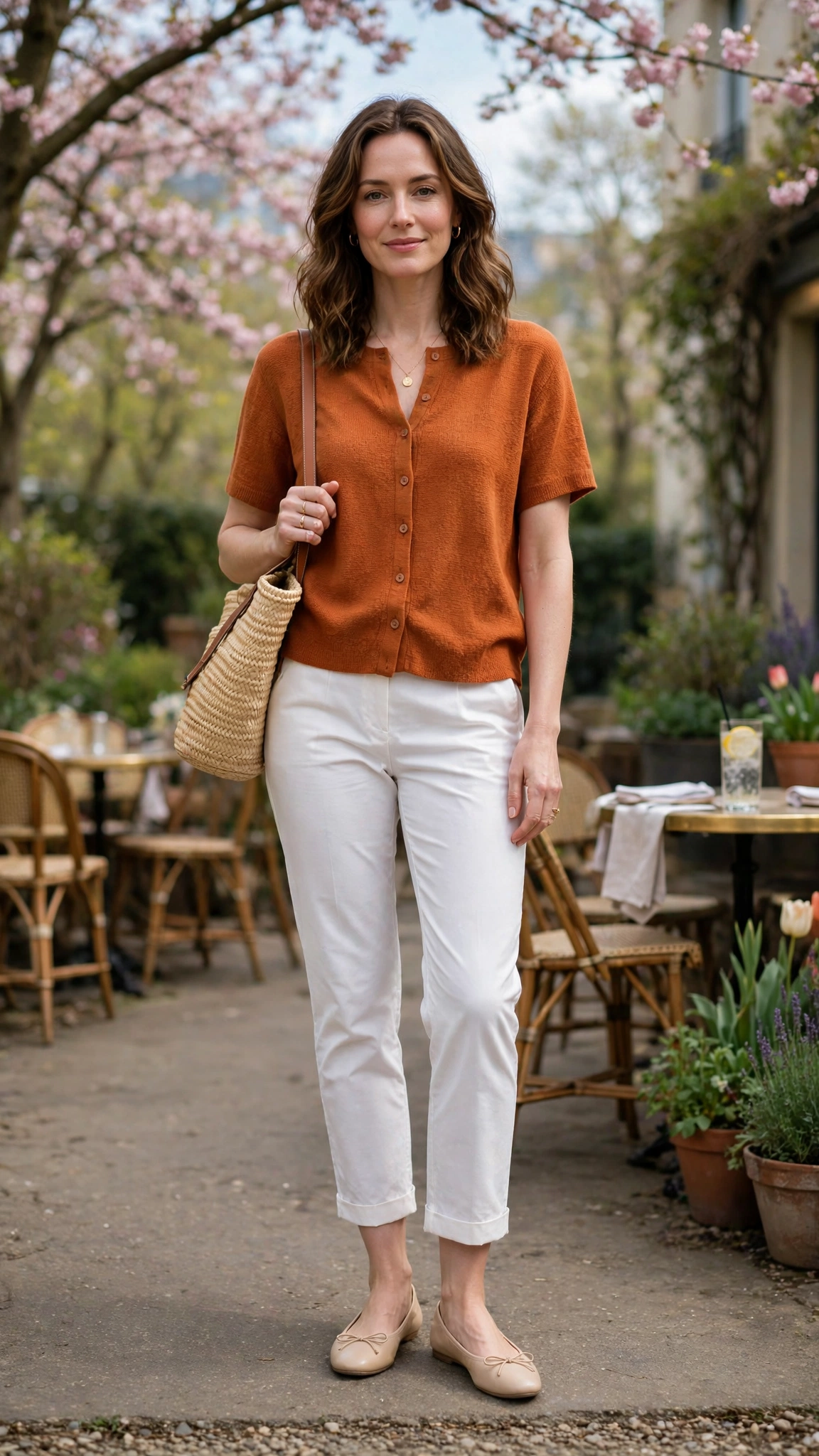 Burnt Orange Orange Top and White Trouser Outfit with white cropped trousers and ballet flats