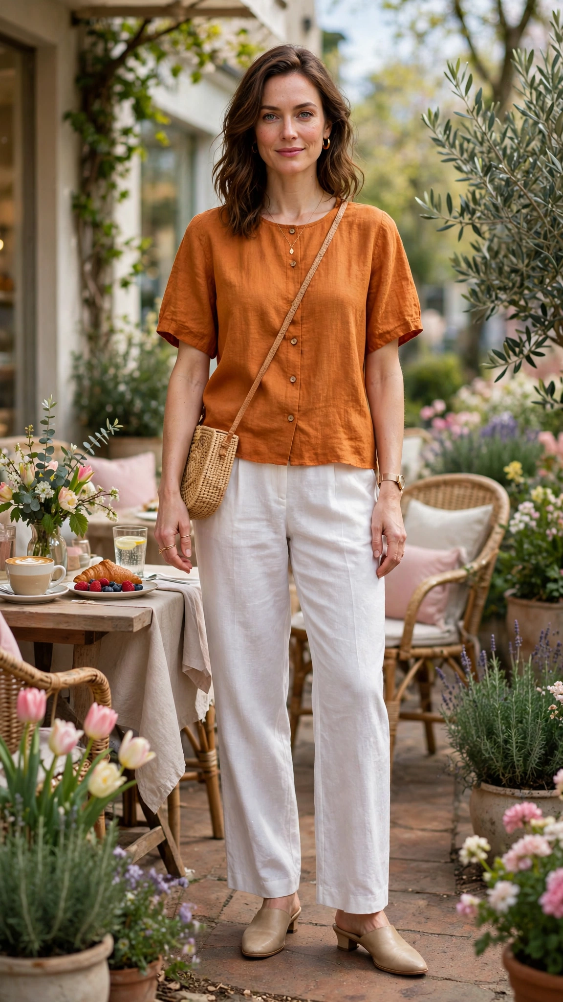 Amber Orange Top and White Trouser Outfit with white linen trousers and mules