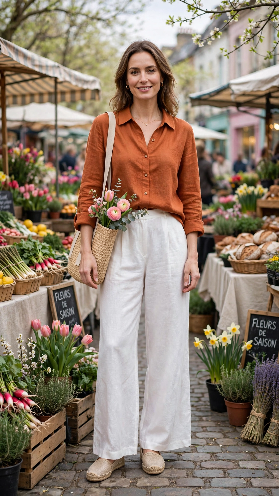 Rust Orange Orange Top and White Trouser Outfit with white wide-leg trousers and espadrilles