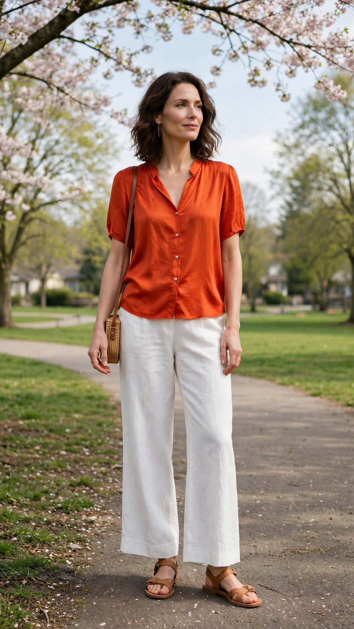 Blood Orange Orange Top and White Trouser Outfit with white wide-leg trousers and tan sandals