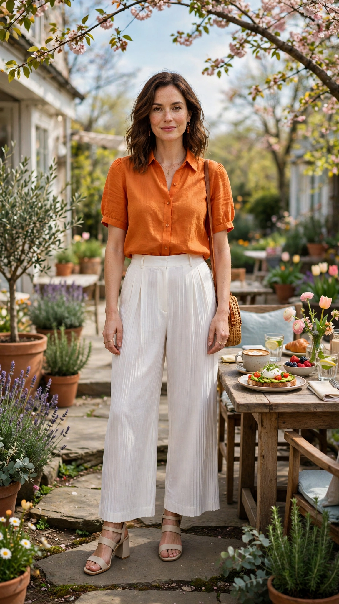 Pumpkin Orange Top and White Trouser Outfit with white pleated trousers and block-heel sandals