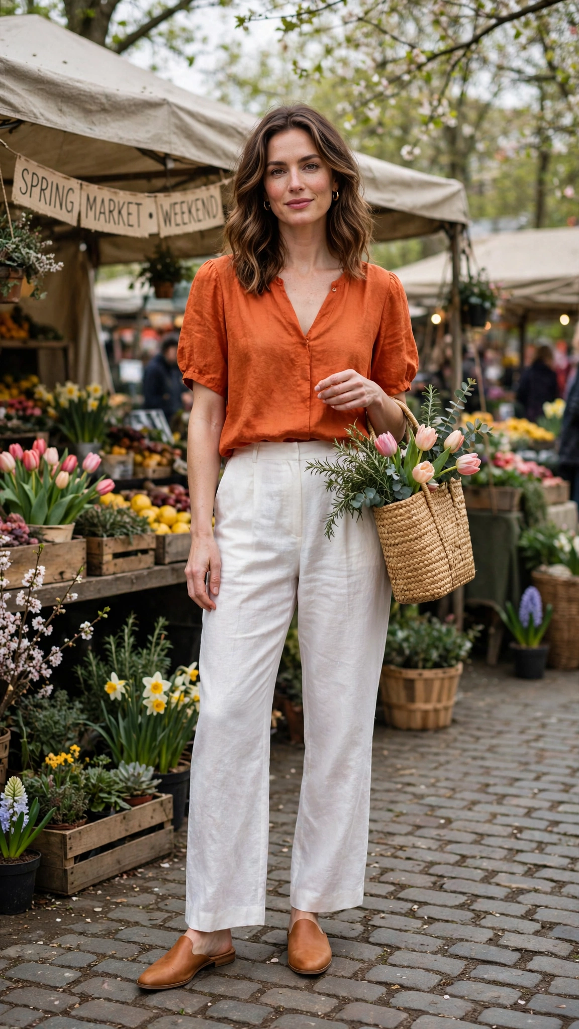 Blood Orange Orange Top and White Trouser Outfit with white linen trousers and mules