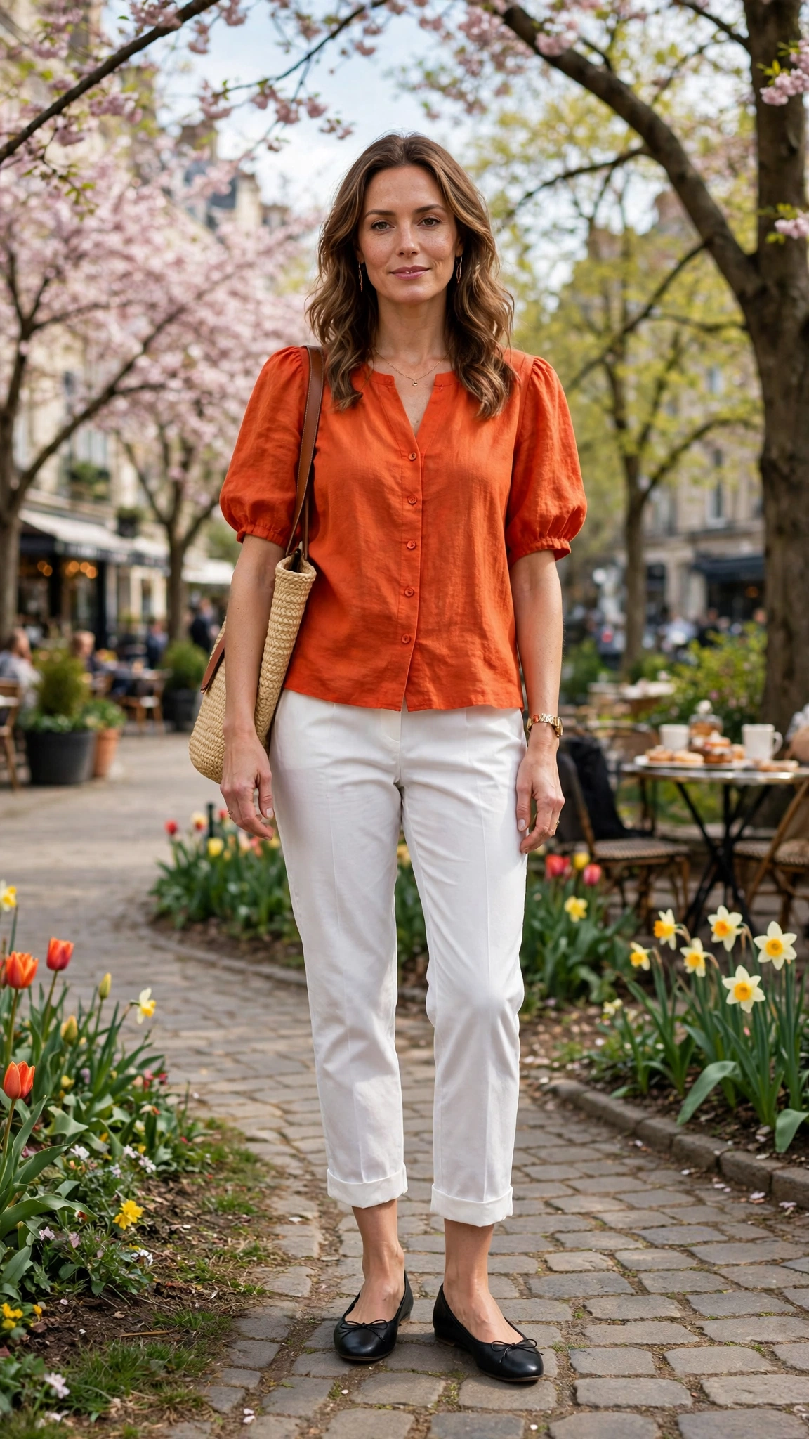 Blood Orange Orange Top and White Trouser Outfit with white cropped trousers and ballet flats