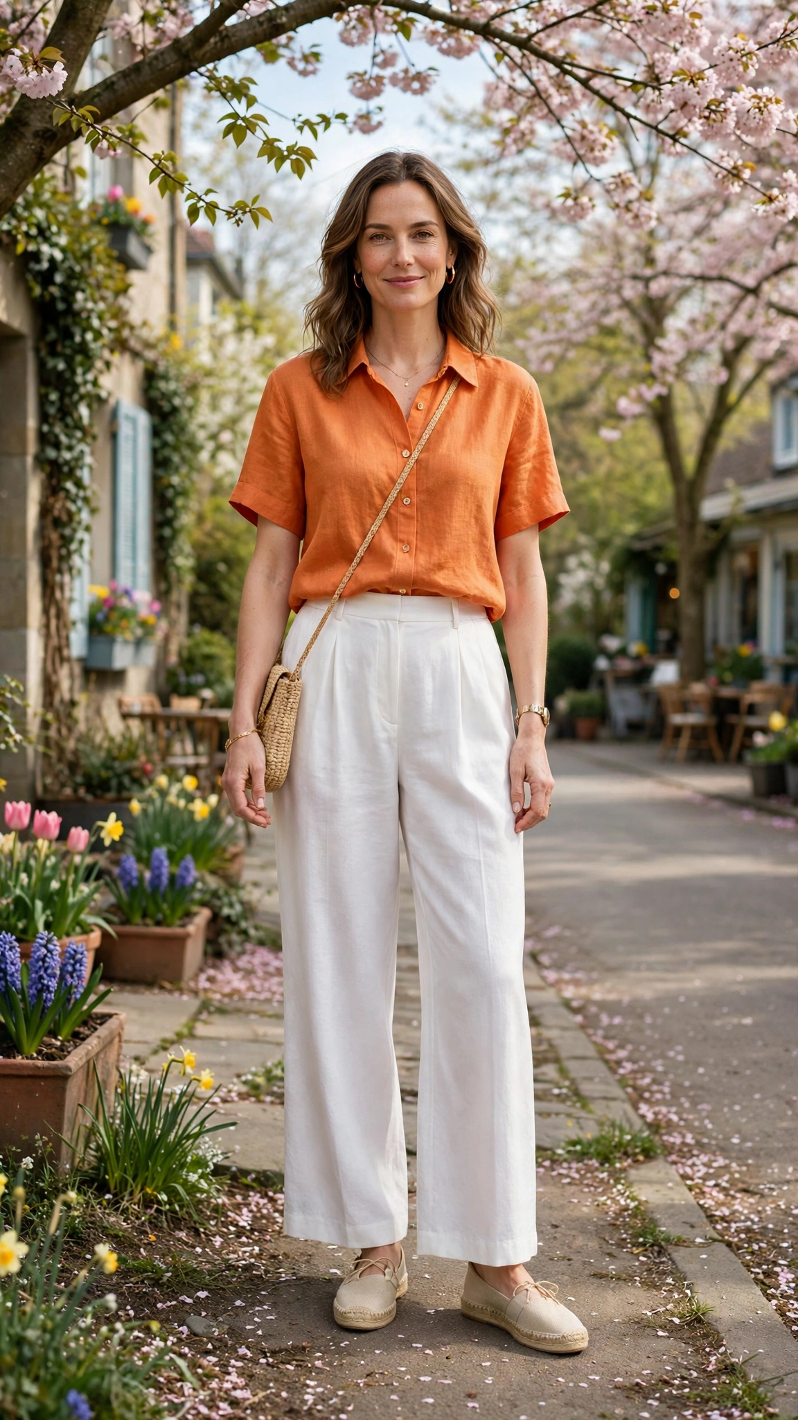 Sunset Orange Orange Top and White Trouser Outfit with white wide-leg trousers and espadrilles